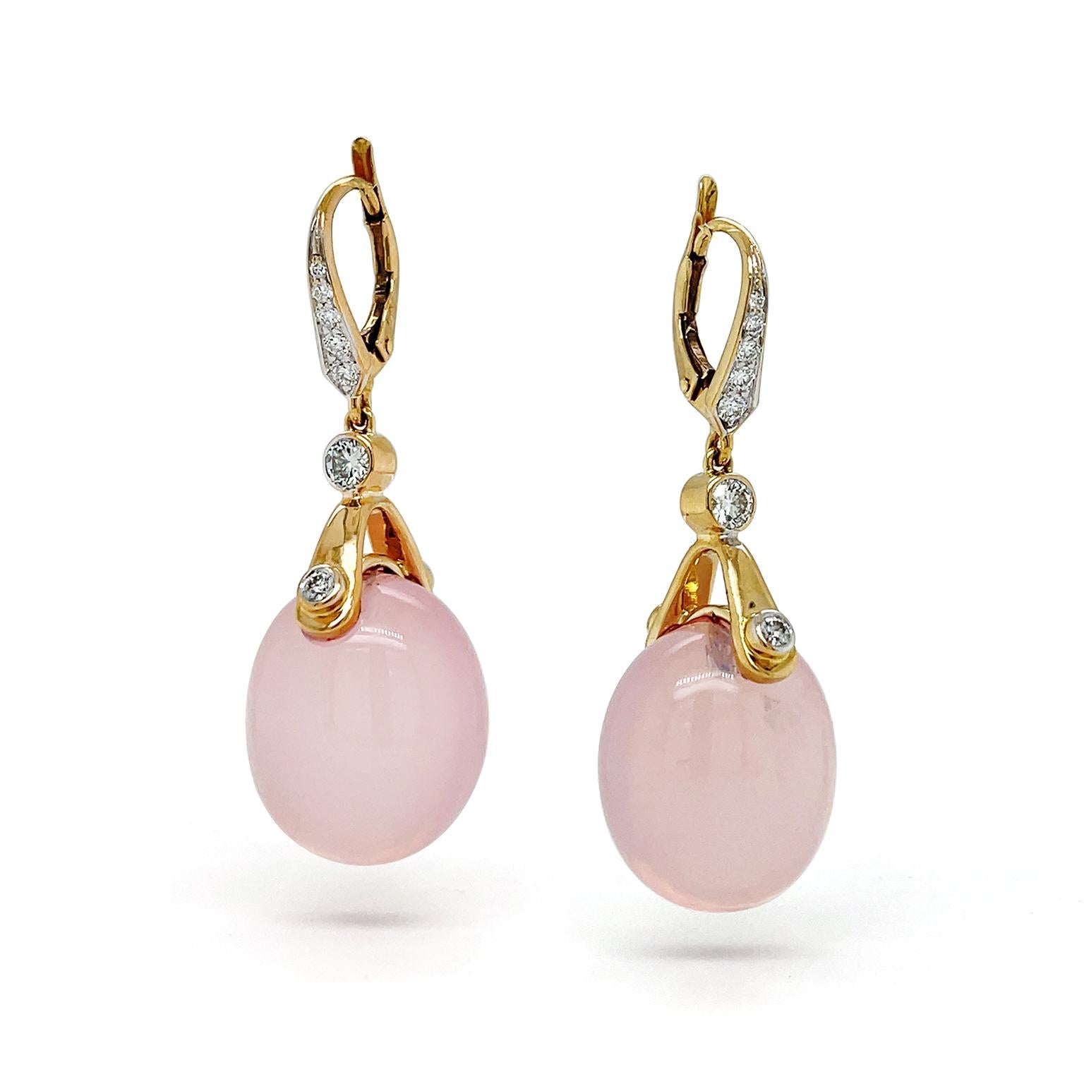 Women's or Men's Rose Quartz 18K Yellow Gold Lever-Back Drop Earrings For Sale