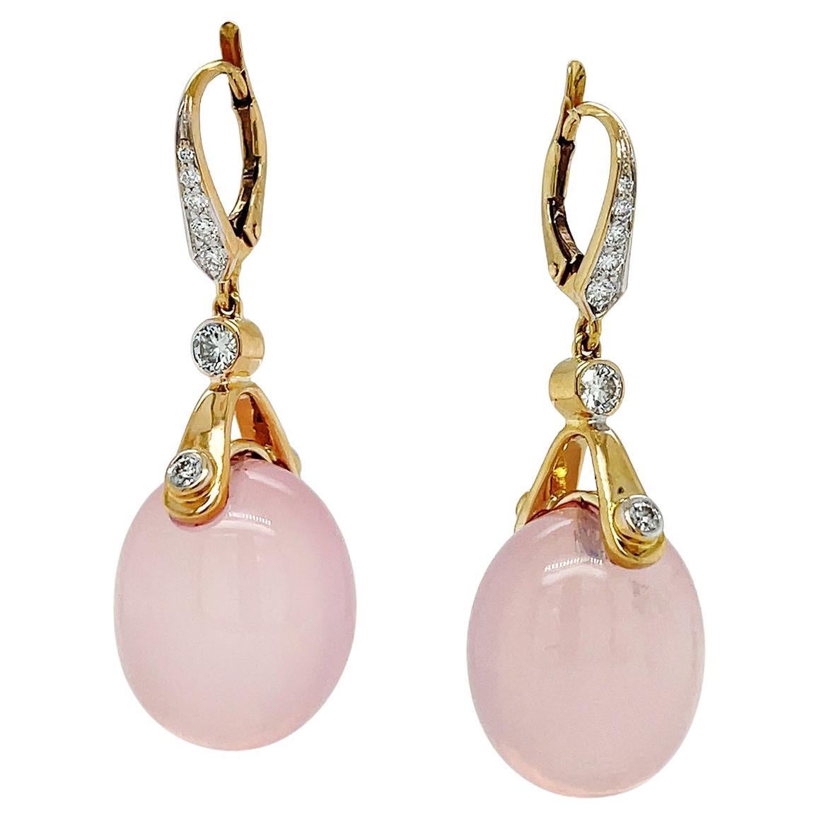 Boucles d'oreilles pendantes en or jaune 18K à levier en quartz rose