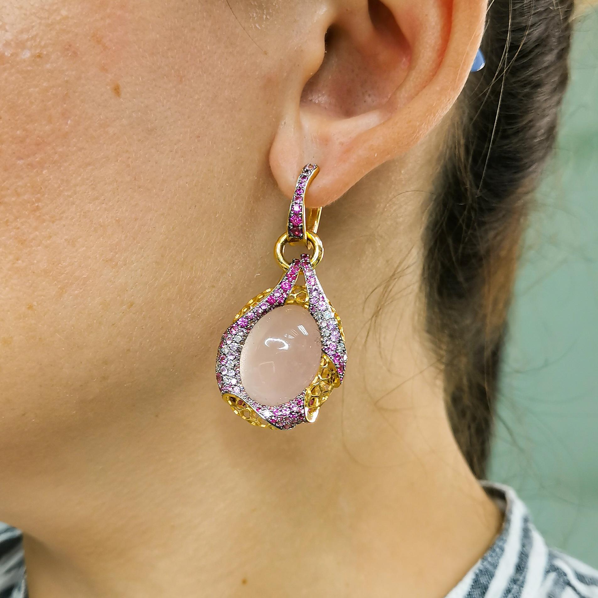 Rose Quartz 33.34 Carat Diamonds Pink Sapphires 18 Karat Yellow Gold Earrings For Sale 6