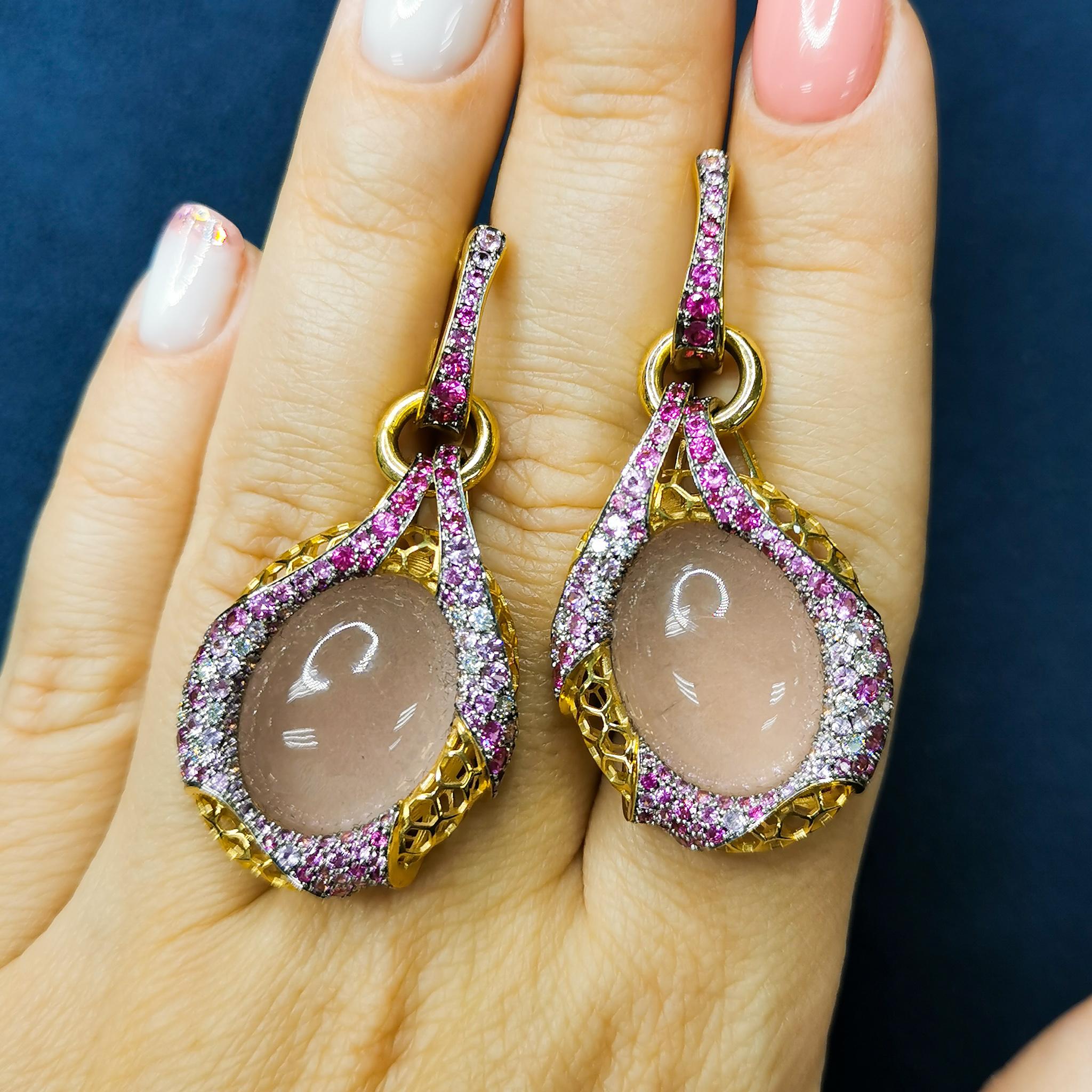 Cabochon Rose Quartz 33.34 Carat Diamonds Pink Sapphires 18 Karat Yellow Gold Earrings For Sale