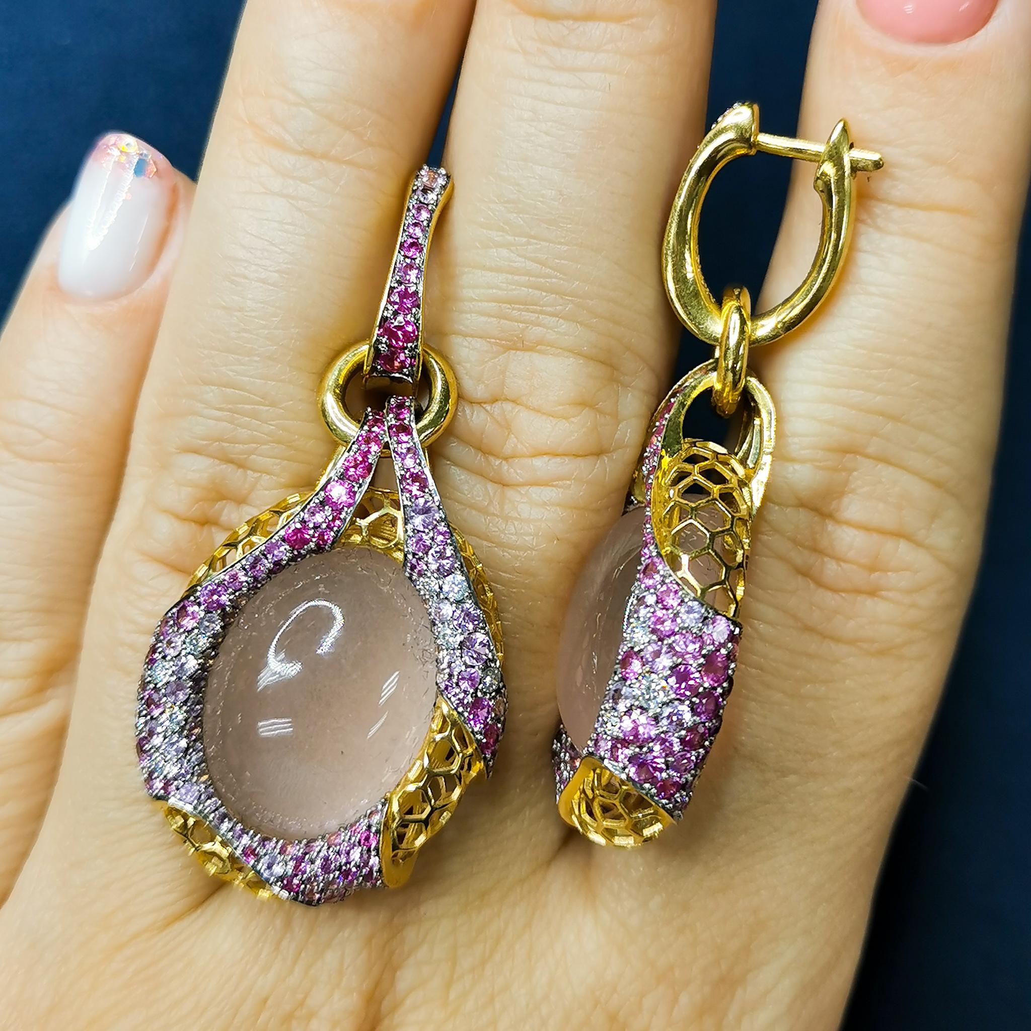 Women's Rose Quartz 33.34 Carat Diamonds Pink Sapphires 18 Karat Yellow Gold Earrings For Sale