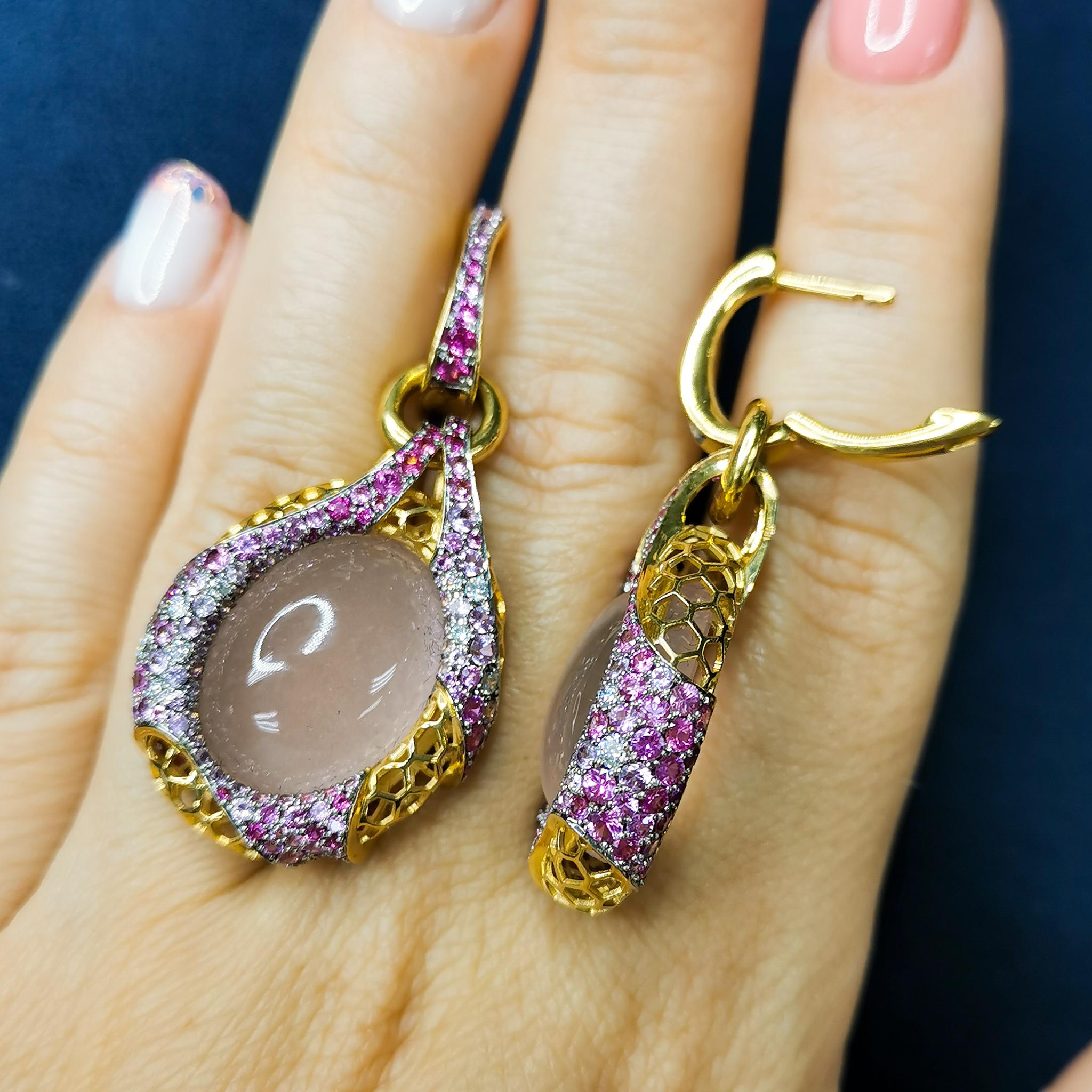 Rose Quartz 33.34 Carat Diamonds Pink Sapphires 18 Karat Yellow Gold Earrings For Sale 1