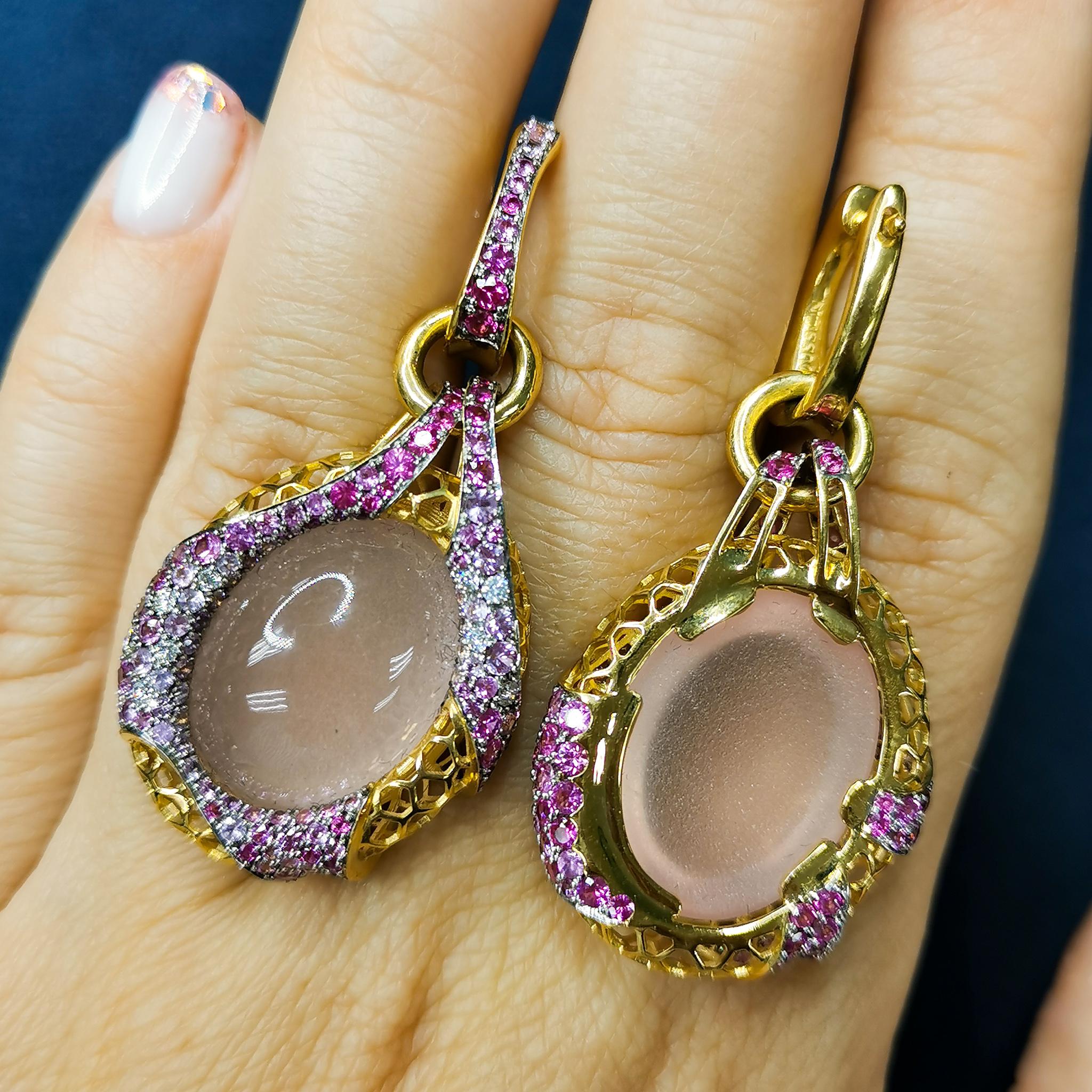 Rose Quartz 33.34 Carat Diamonds Pink Sapphires 18 Karat Yellow Gold Earrings For Sale 2