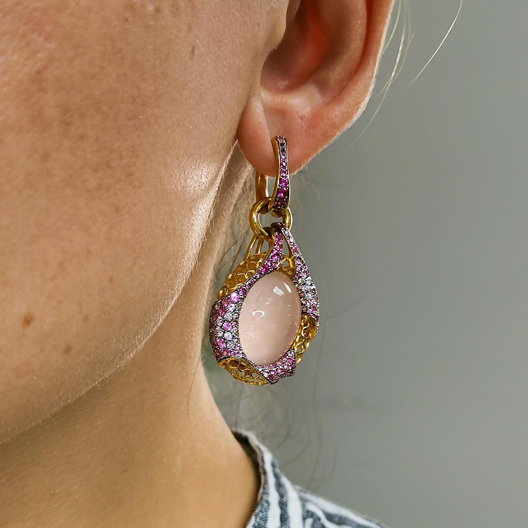 Rose Quartz 33.34 Carat Diamonds Pink Sapphires 18 Karat Yellow Gold Earrings For Sale 5