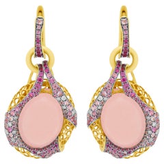 Rose Quartz 33.34 Carat Diamonds Pink Sapphires 18 Karat Yellow Gold Earrings