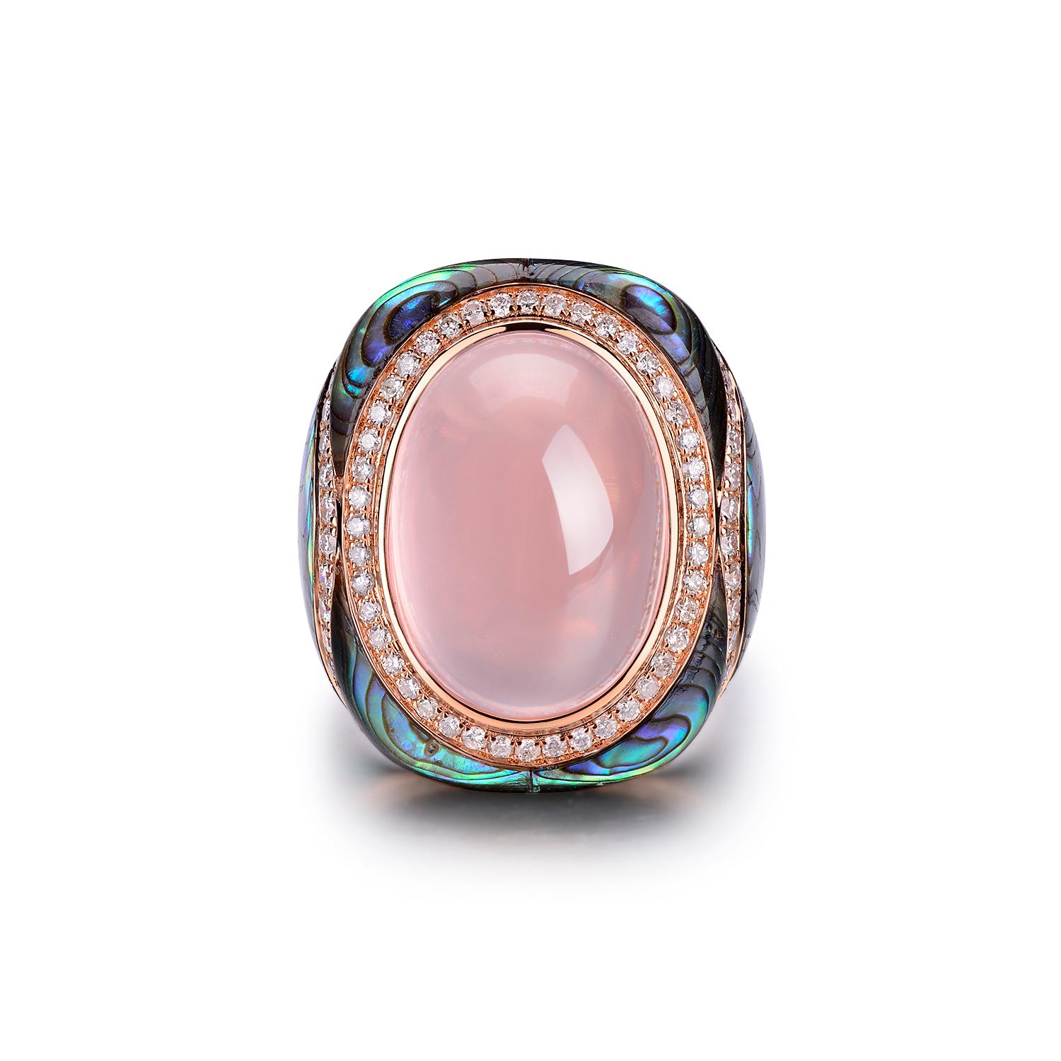 This ring features 19.42 carats of cabochon rose quartz, assented with 1.35 cts. The shell is handcrafted by our craftsman and each piece is carefully selected to match the pattern. Matching earrings are also available, please send a private message