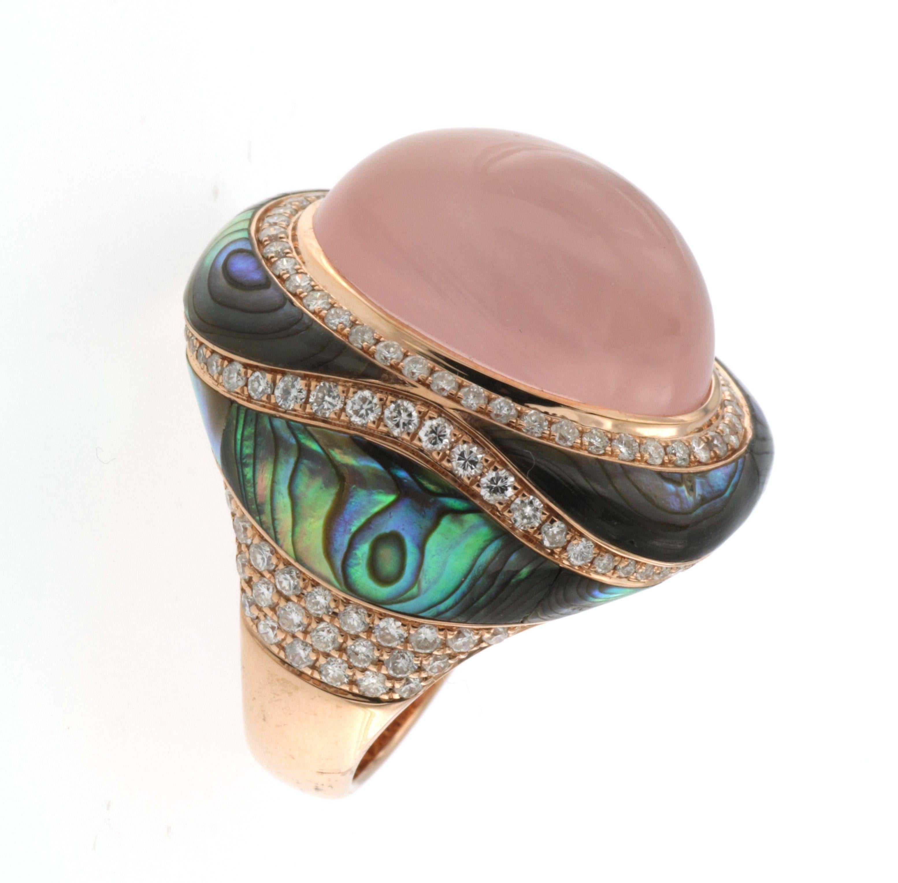 Rose Quartz Abalone Shell Diamond Dome Ring in 18 Karat Rose Gold In New Condition In Hong Kong, HK