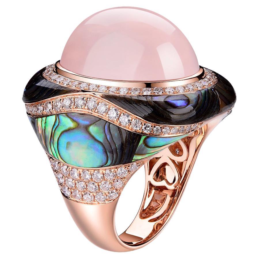 Rose Quartz Abalone Shell Diamond Dome Ring in 18 Karat Rose Gold