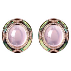 Rose Quartz Abalone Shell Diamond Earring in 18 Karat Rose Gold