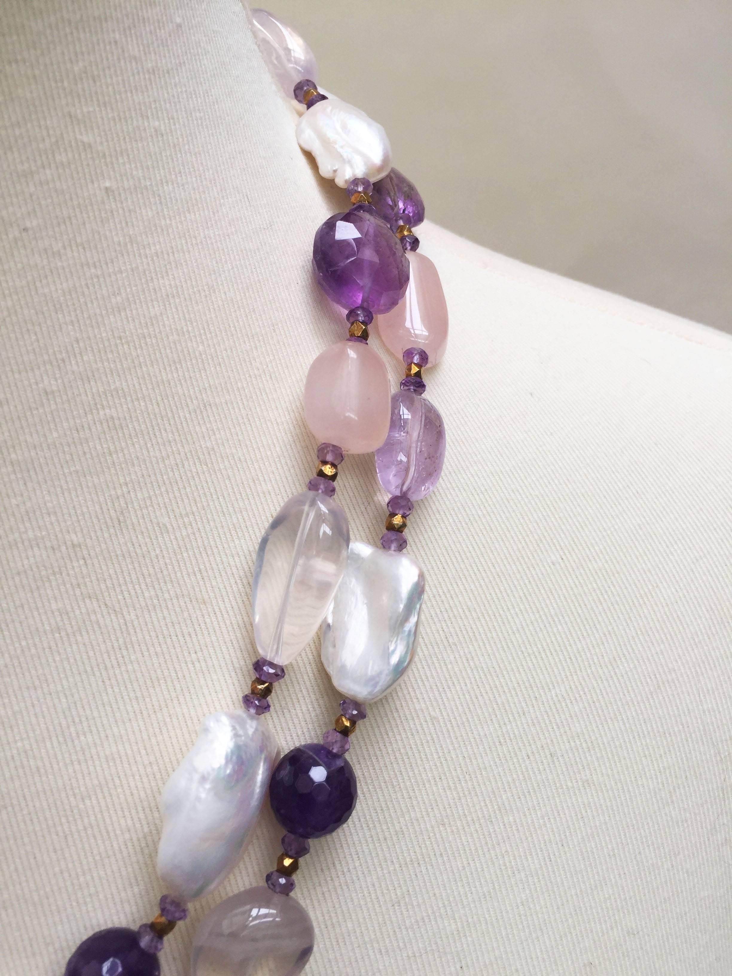 Rose Quartz, Amethyst, Pearl Beaded sautoir with Tassel and 14 k Gold Clasp  4