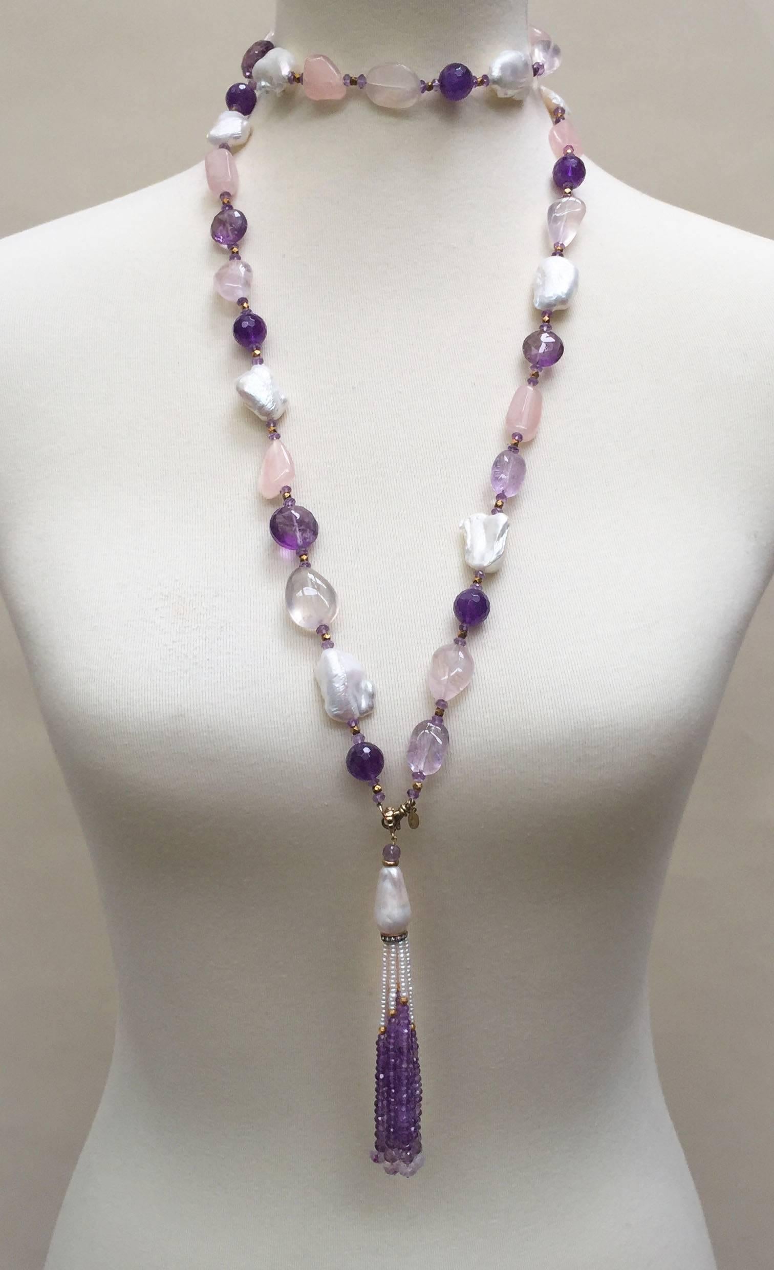 Rose Quartz, Amethyst, Pearl Beaded sautoir with Tassel and 14 k Gold Clasp  5