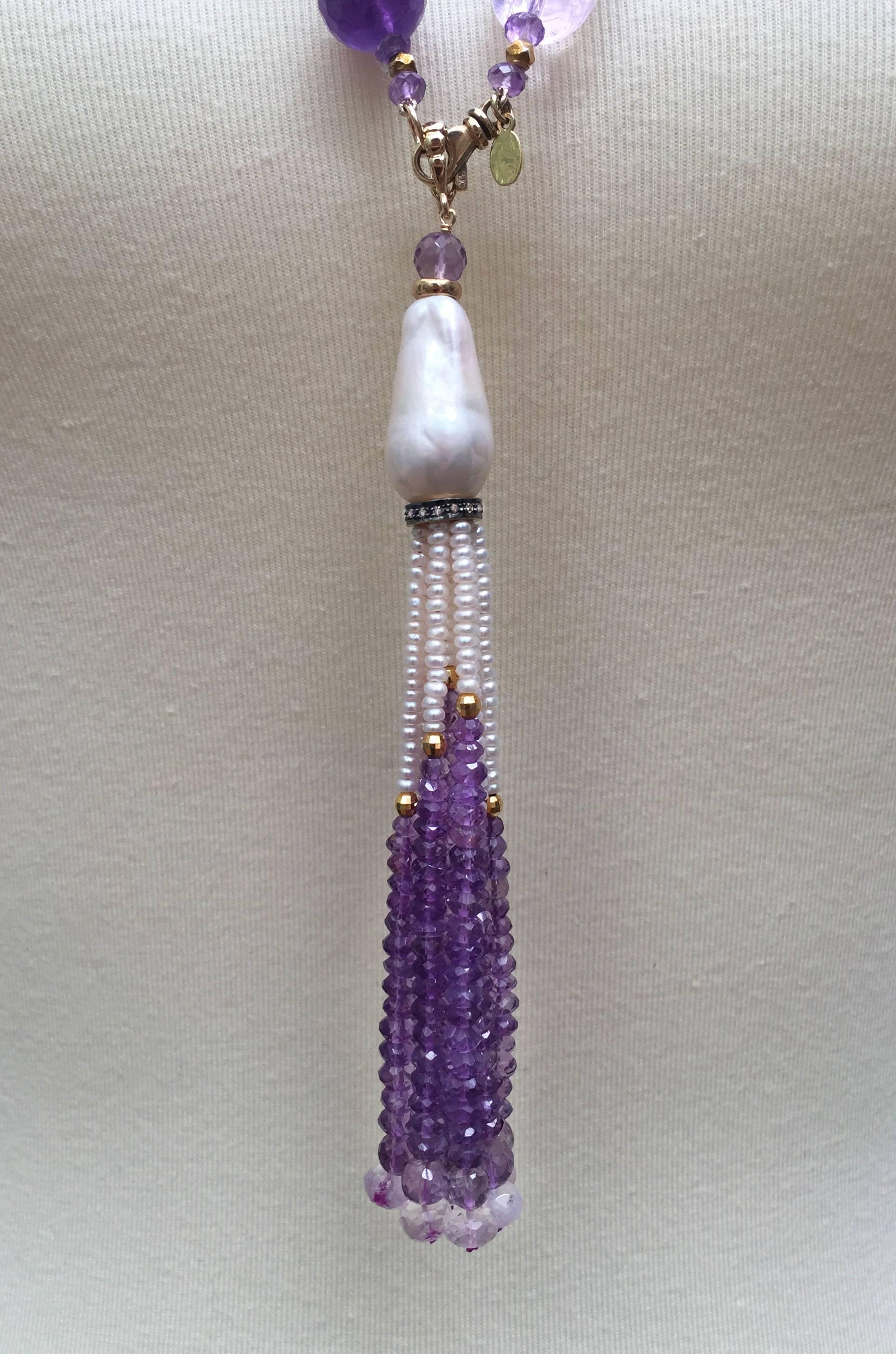 Rose Quartz, Amethyst, Pearl Beaded sautoir with Tassel and 14 k Gold Clasp  6