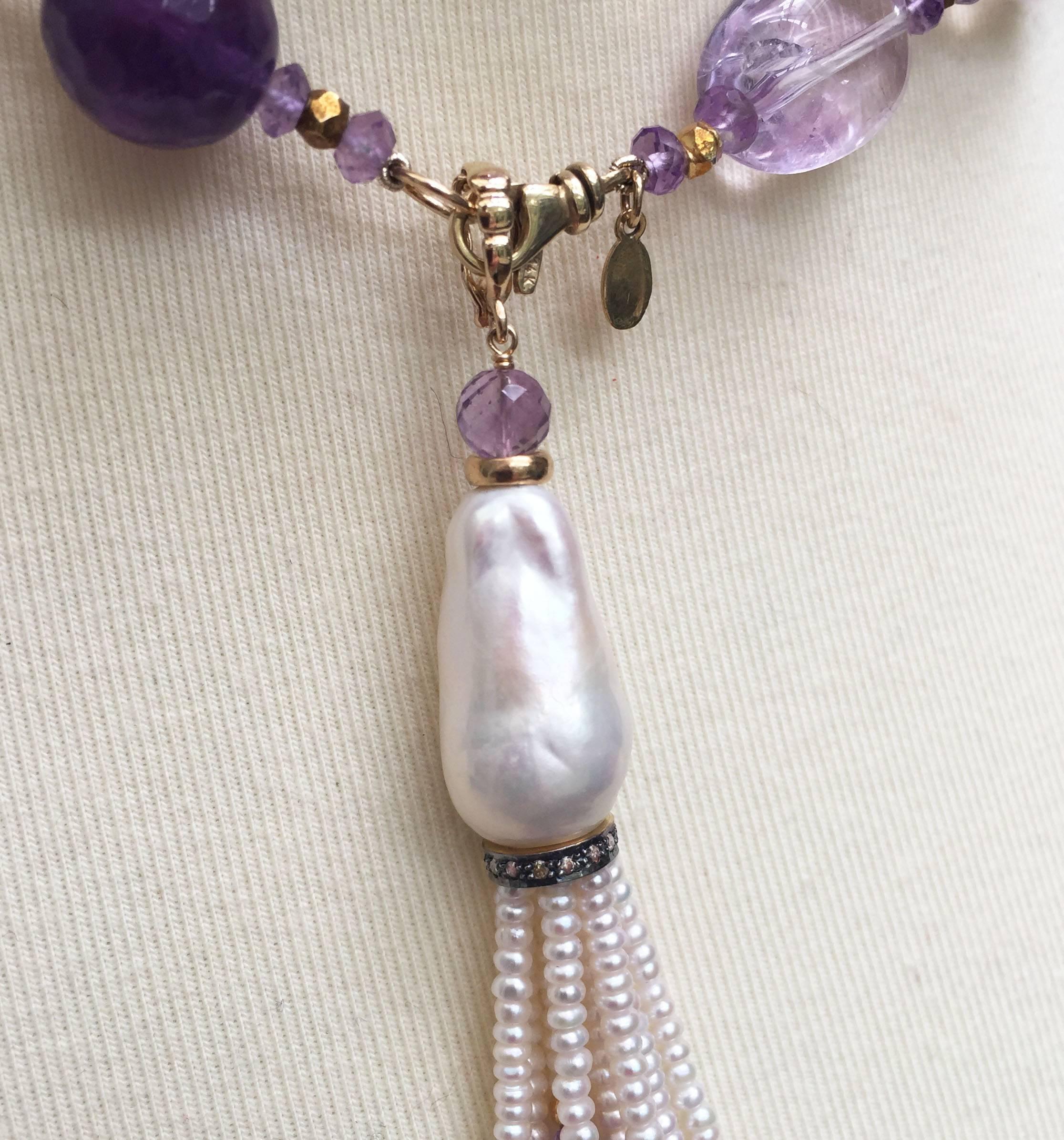 Rose Quartz, Amethyst, Pearl Beaded sautoir with Tassel and 14 k Gold Clasp  7