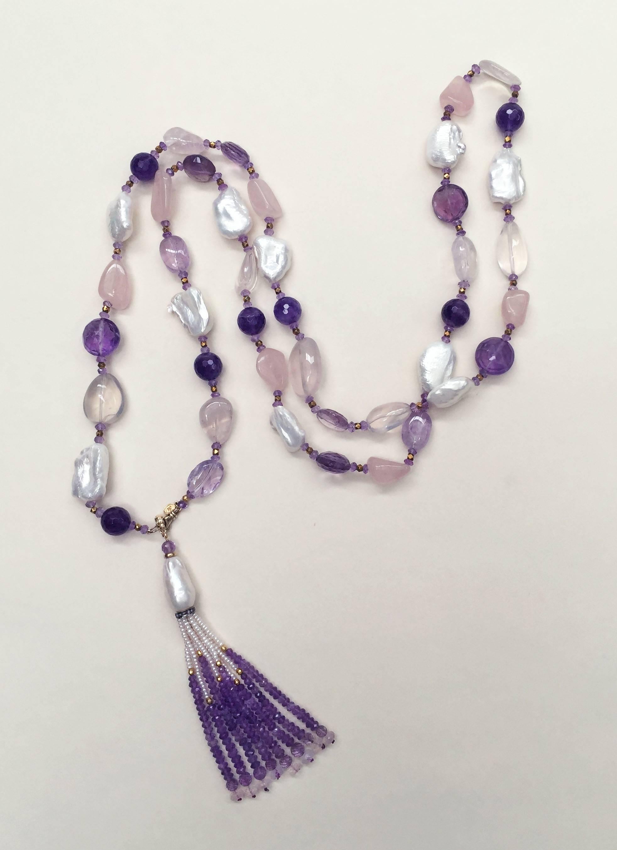 Rose Quartz, Amethyst, Pearl Beaded sautoir with Tassel and 14 k Gold Clasp  8
