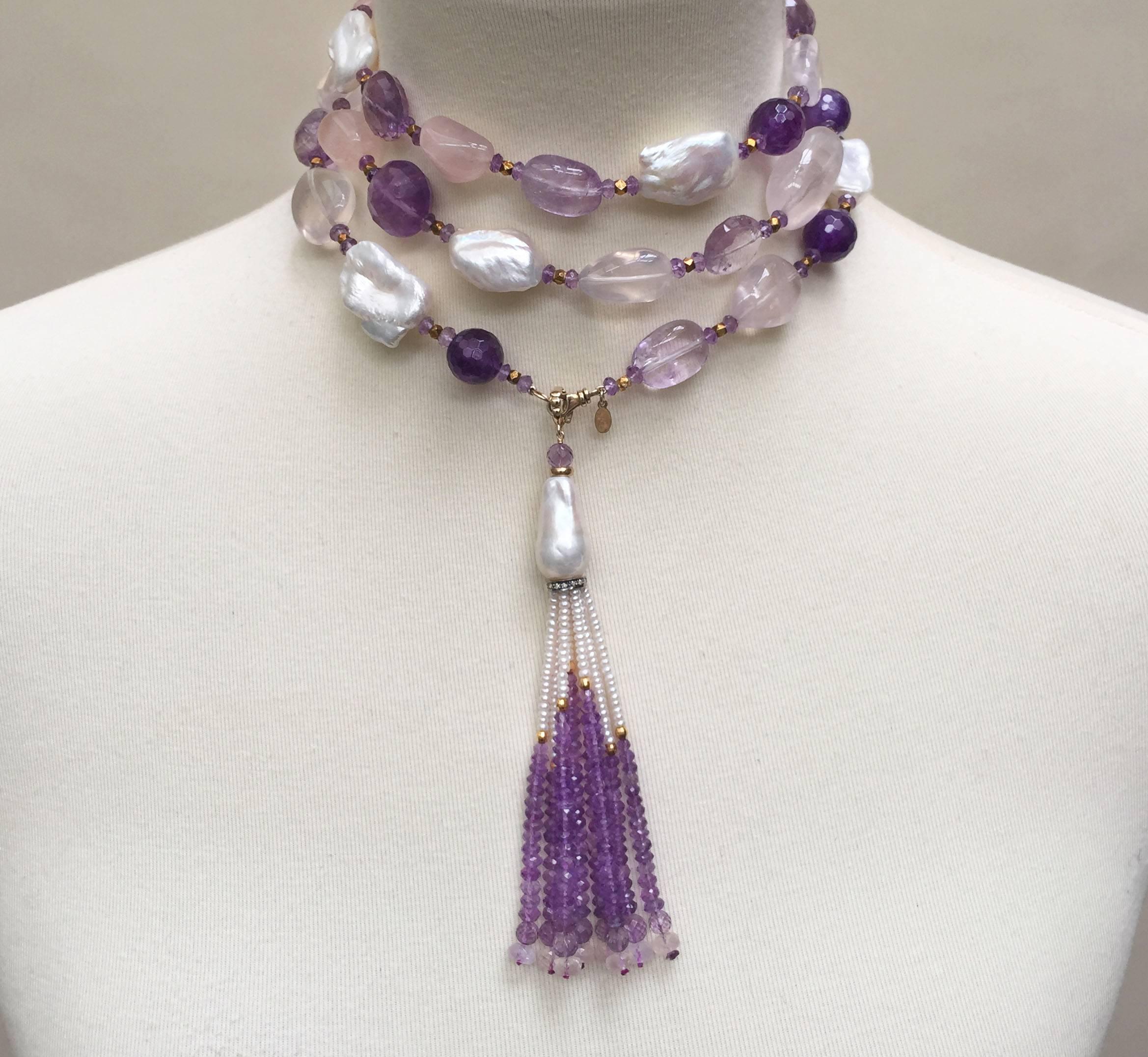 Rose Quartz, Amethyst, Pearl Beaded sautoir with Tassel and 14 k Gold Clasp  2