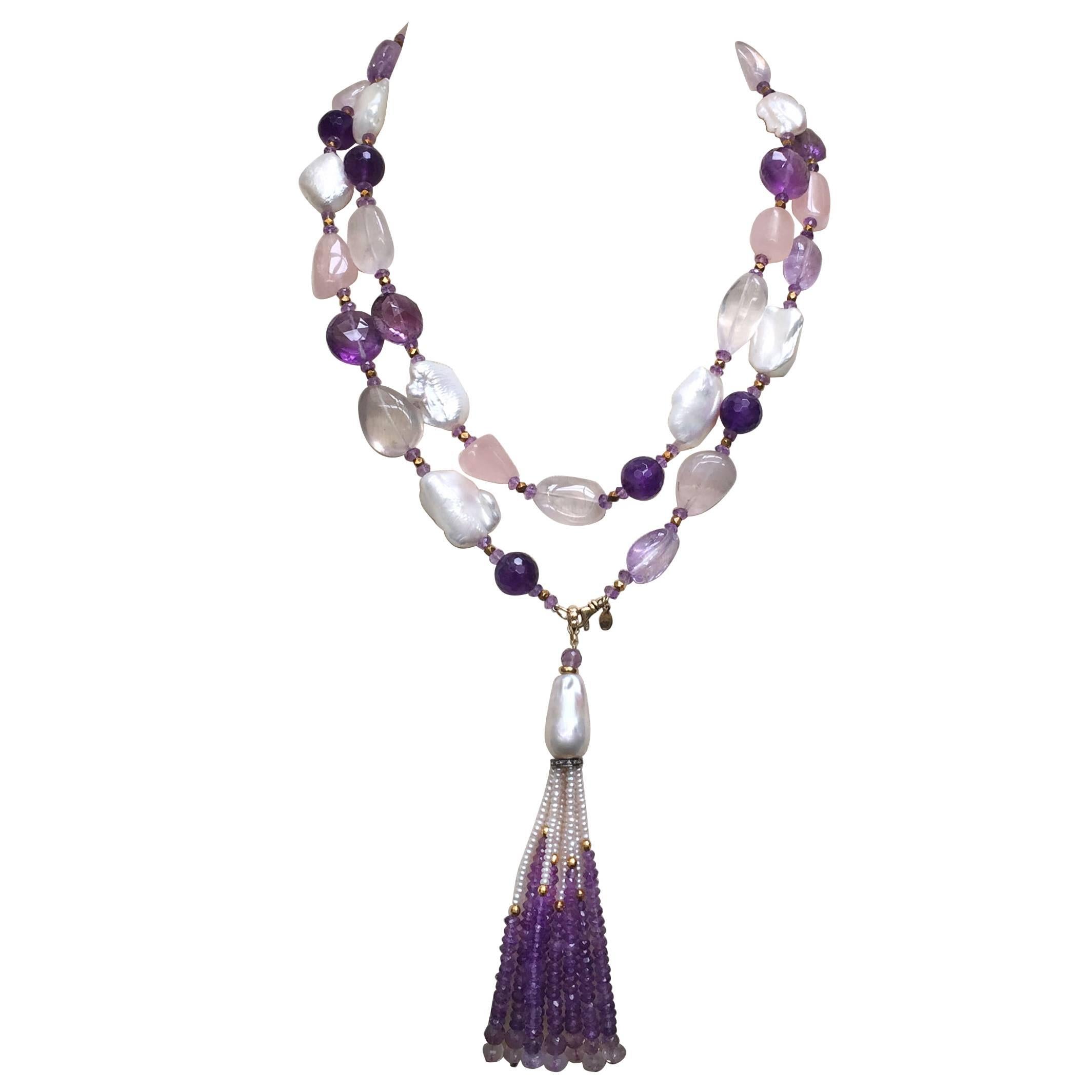Rose Quartz, Amethyst, Pearl Beaded sautoir with Tassel and 14 k Gold Clasp