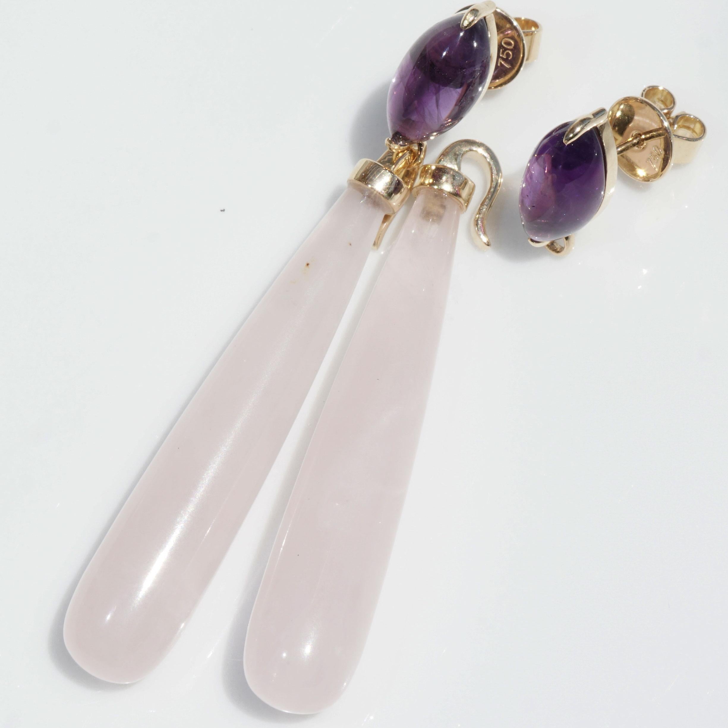 exquisite gemstones with great color combinations, inspired by Ole Lynggard who design great ear jewelry, pink rose quartz pampels in beautiful quality total ca. 37.25 ct, AAA, in addition as a colorful contrast shining violet amethyst navette