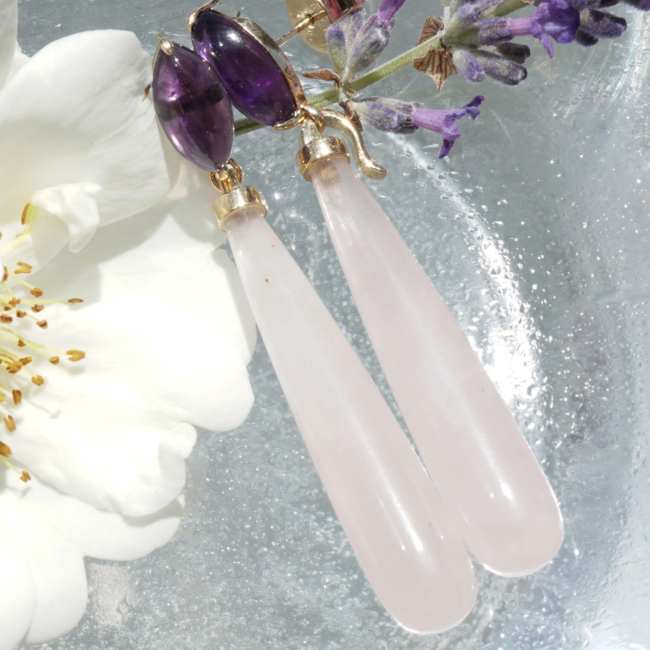 Rose Quartz Amethyste Earrings pink Inspiration detachable Danglers Earring Mix In New Condition For Sale In Viena, Viena