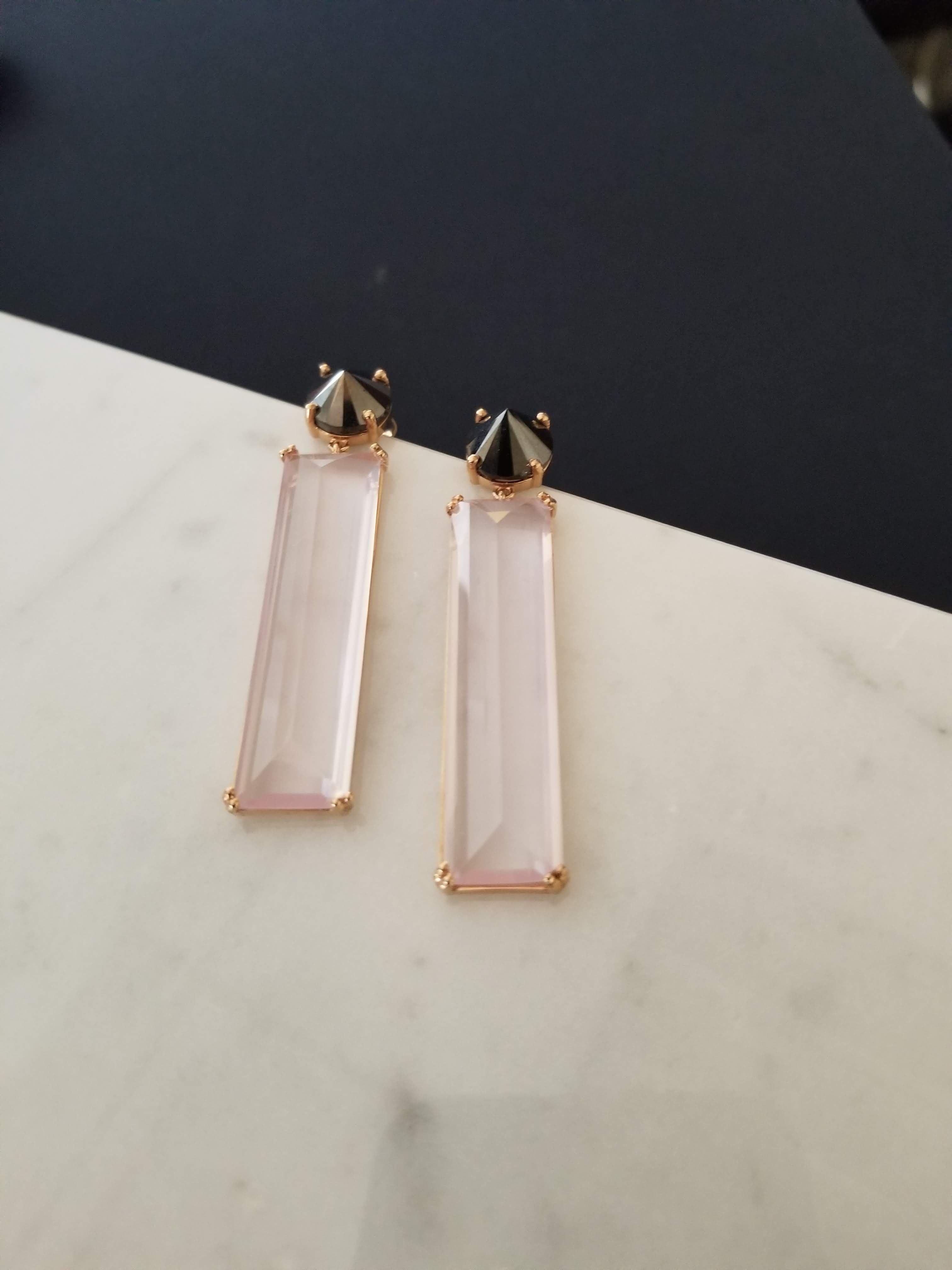 Rose Quartz and Black Diamond Earrings In New Condition For Sale In Los Angeles, CA