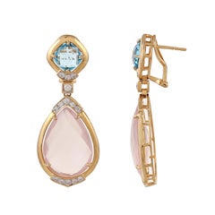 Rose Quartz and Blue Topaz 18 Karat Yellow Gold Diamond Tear Drop Earring