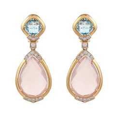 Rose Quartz and Blue Topaz 18 Karat Yellow Gold Diamond Tear Drop Earring