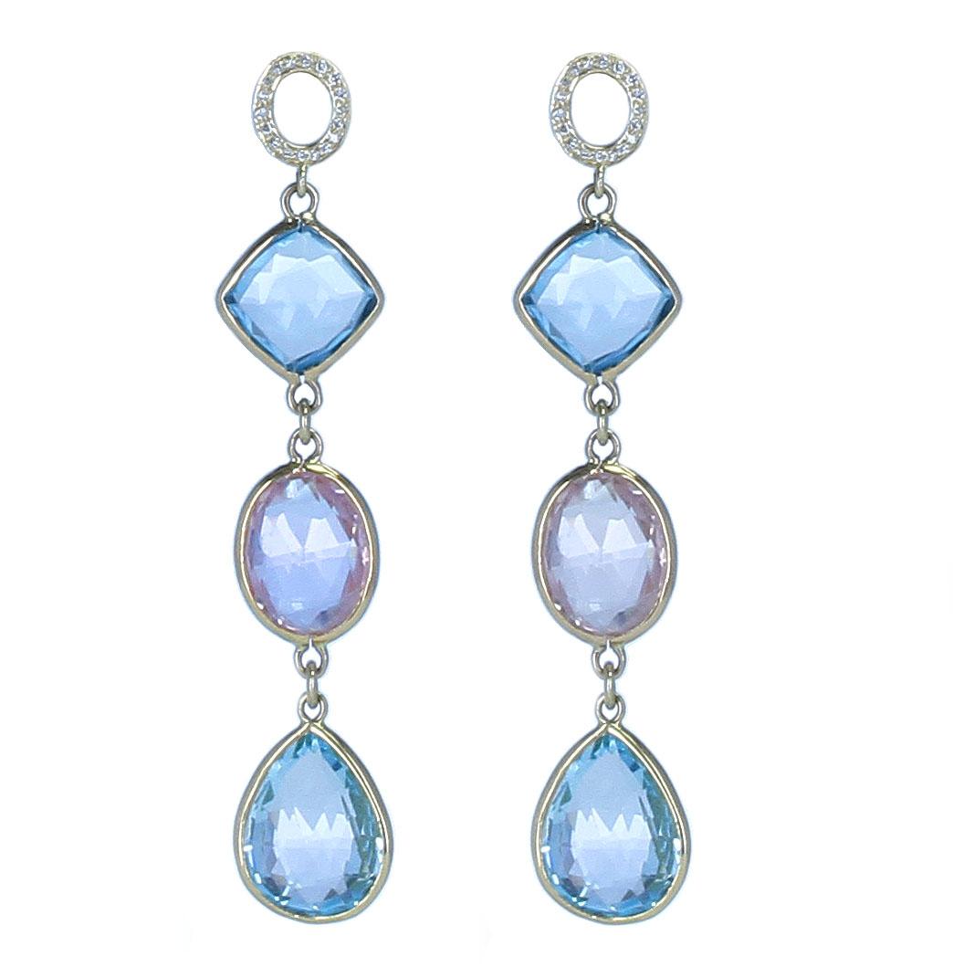 A fine 18K Yellow Gold pair of Earrings with faceted Double Cabochon Rose Cut Diamond Shaped Blue Topaz, oval-shaped Rose Quartz, and Pear-Shaped Blue Topaz. Length: 2.5 Inches, Weight: 55 carats, 750 Stamped.