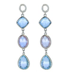 Rose Quartz and Blue Topaz Earrings with Diamonds, 18 Karat Yellow