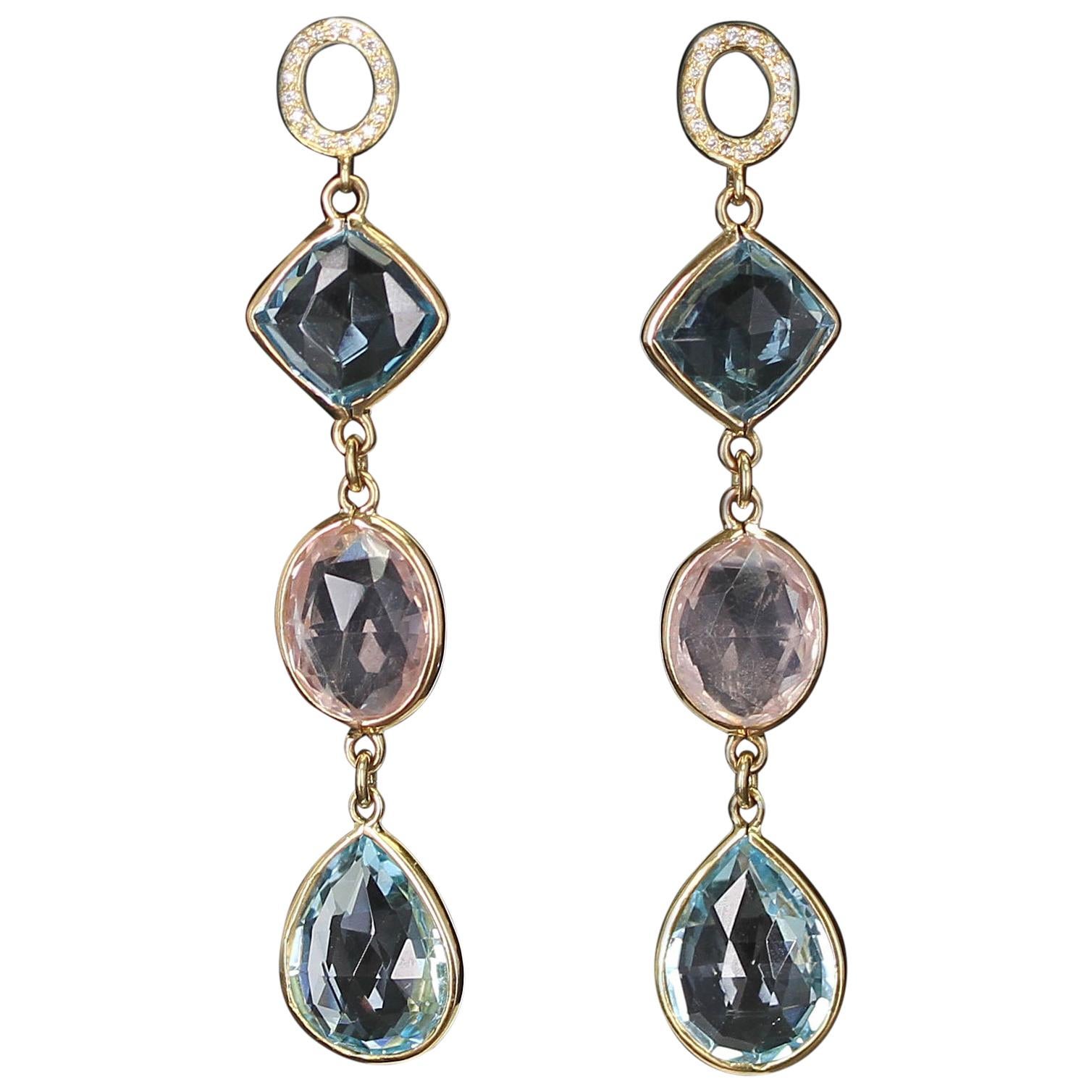 Rose Quartz and Blue Topaz Earrings with Diamonds, 18 Karat Yellow For Sale