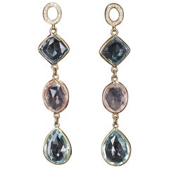 Rose Quartz and Blue Topaz Earrings with Diamonds, 18 Karat Yellow