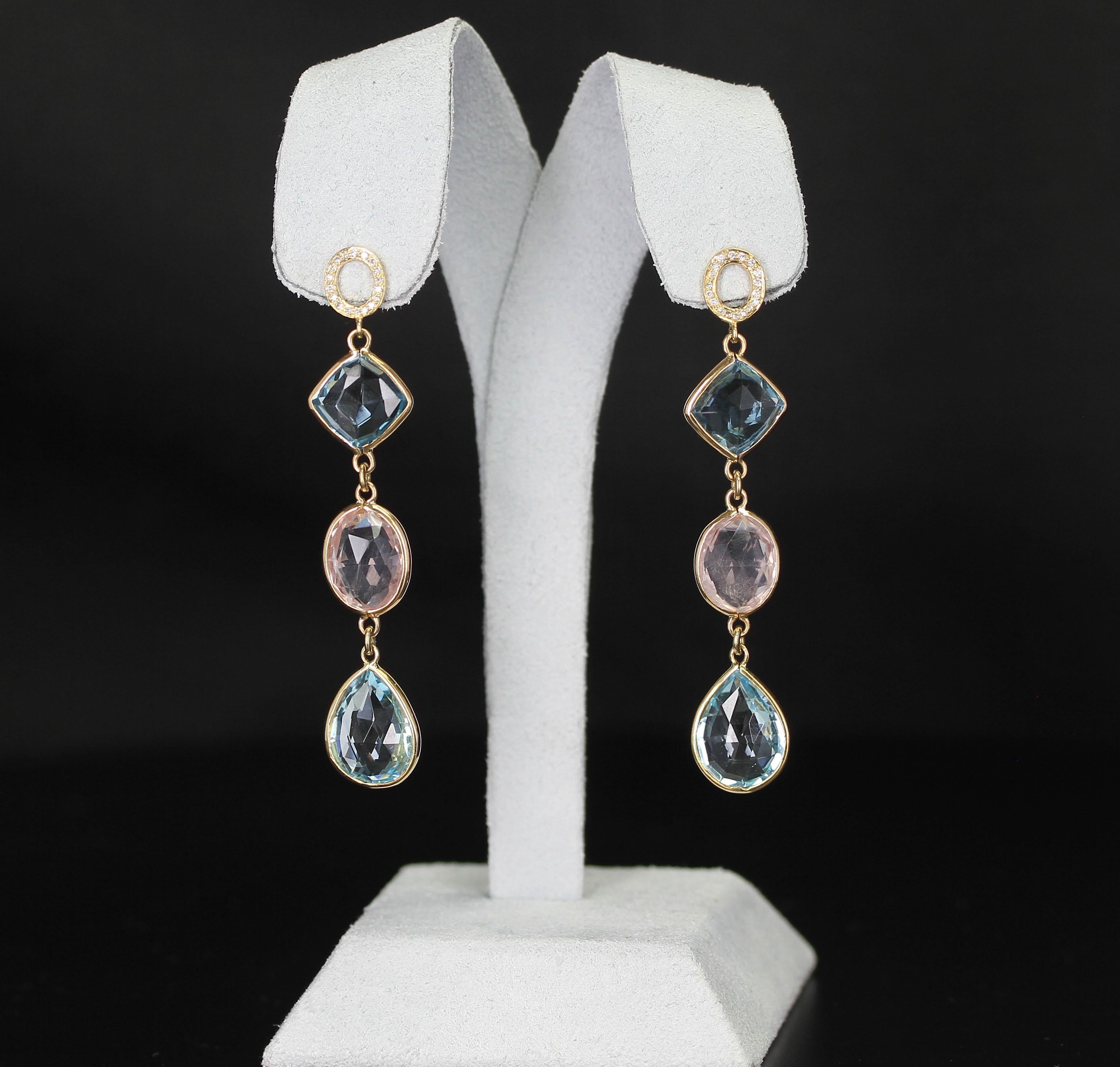 Rose Cut Rose Quartz and Blue Topaz Earrings with Diamonds, 18 Karat Yellow For Sale