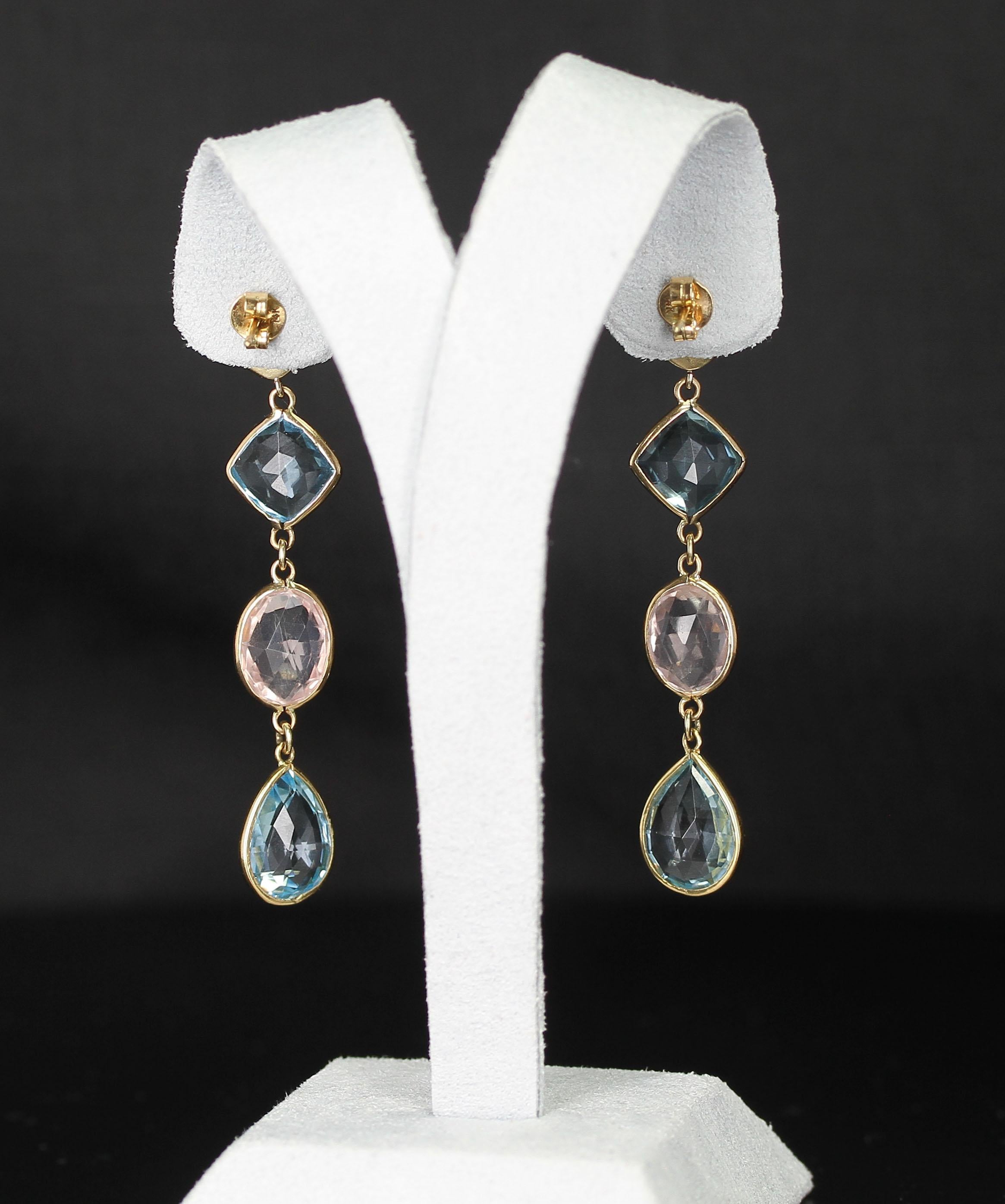 Women's or Men's Rose Quartz and Blue Topaz Earrings with Diamonds, 18 Karat Yellow For Sale