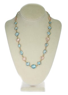 Rose Quartz and Blue Topaz Faceted Necklace, Mixed Shapes, 18K Fine Necklace