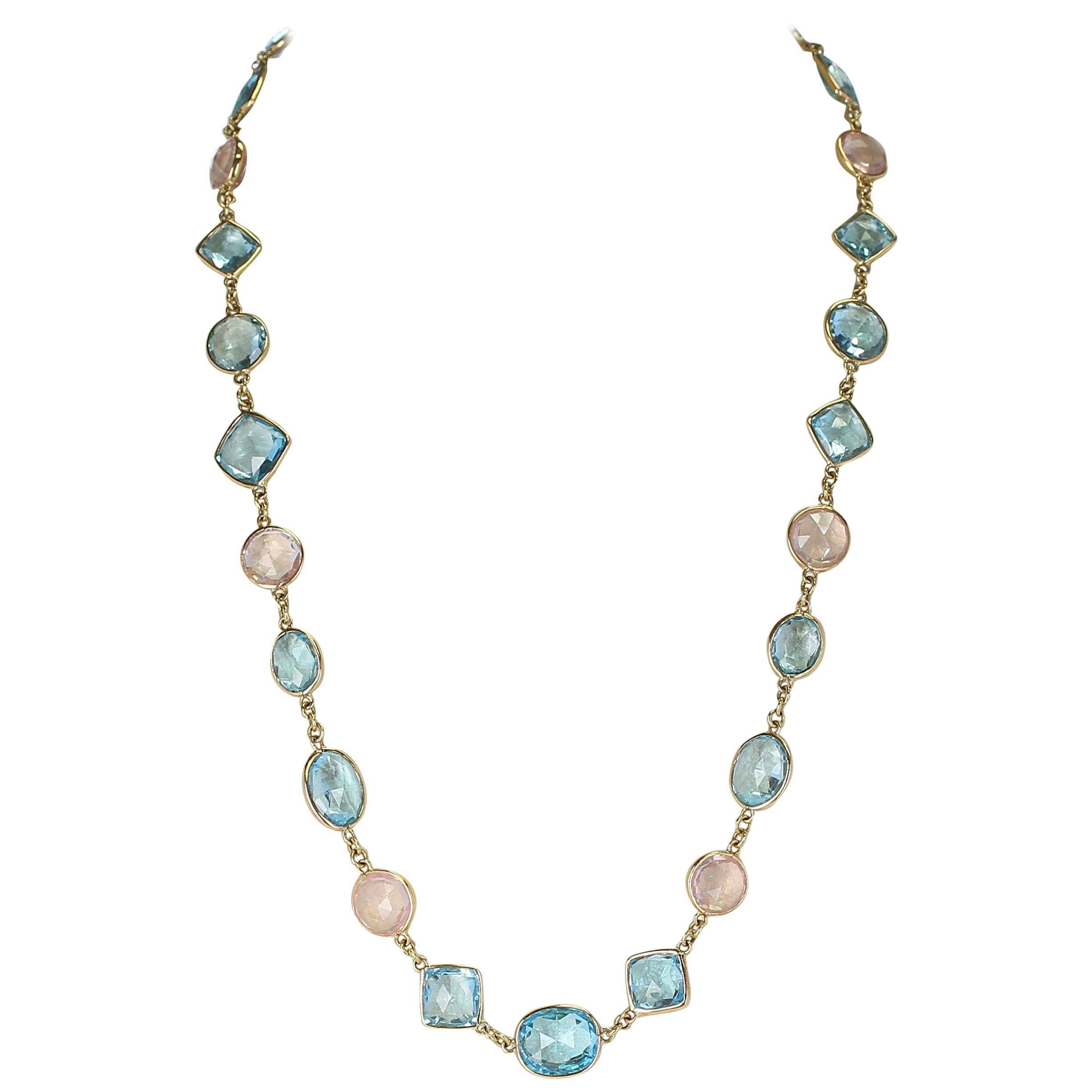 Facettierte Halskette aus Rosenquarz und blauem Topas, gemischten Formen, 18 Karat feine Halskette