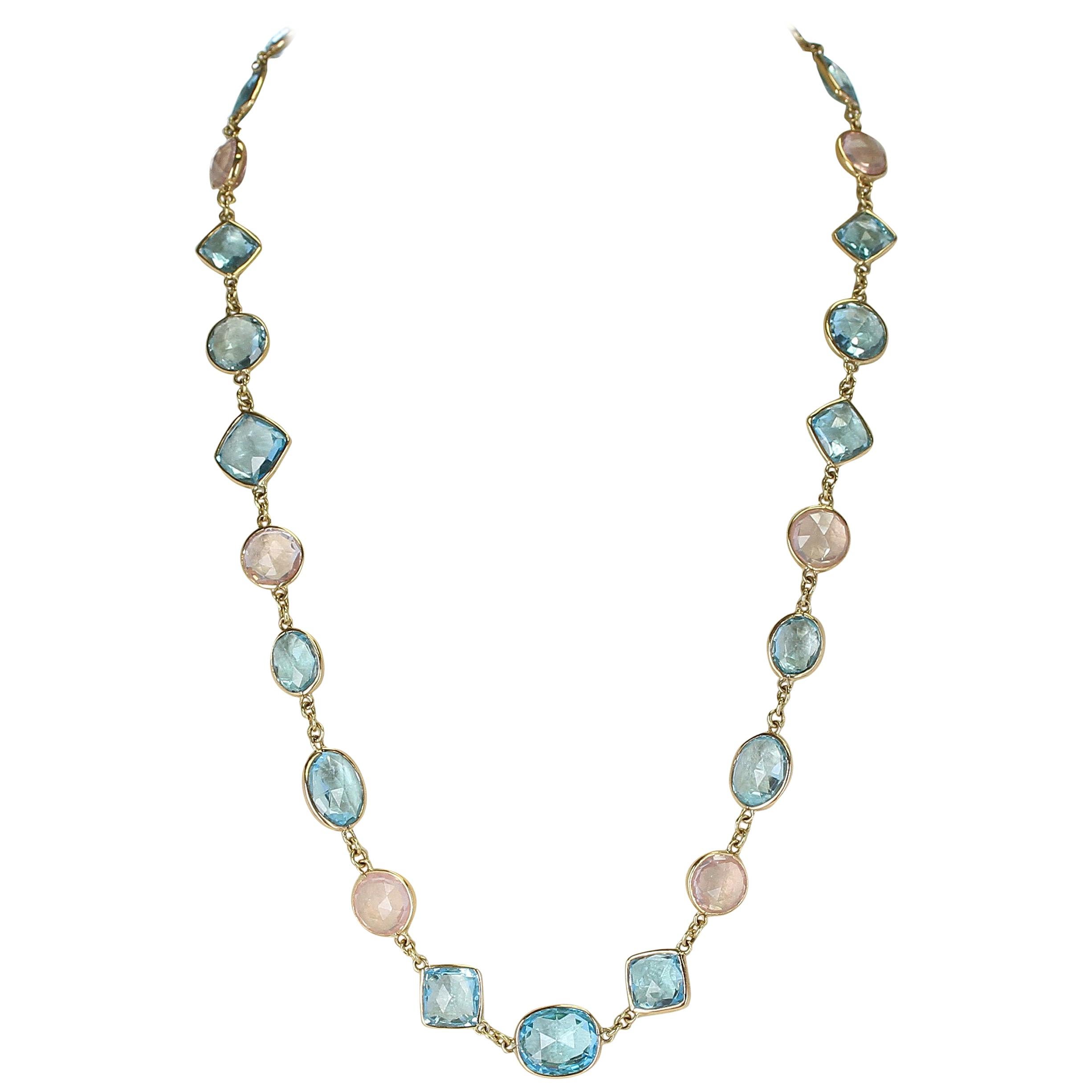 Collier à facettes en quartz rose et topaze bleue, formes mélangées, collier fin 18 carats en vente