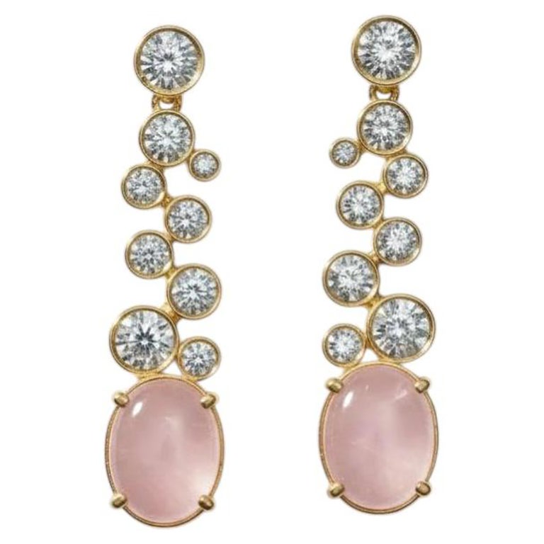 Rose Quartz and Colorless Topaz Drop Earrings studs 14k gold For Sale