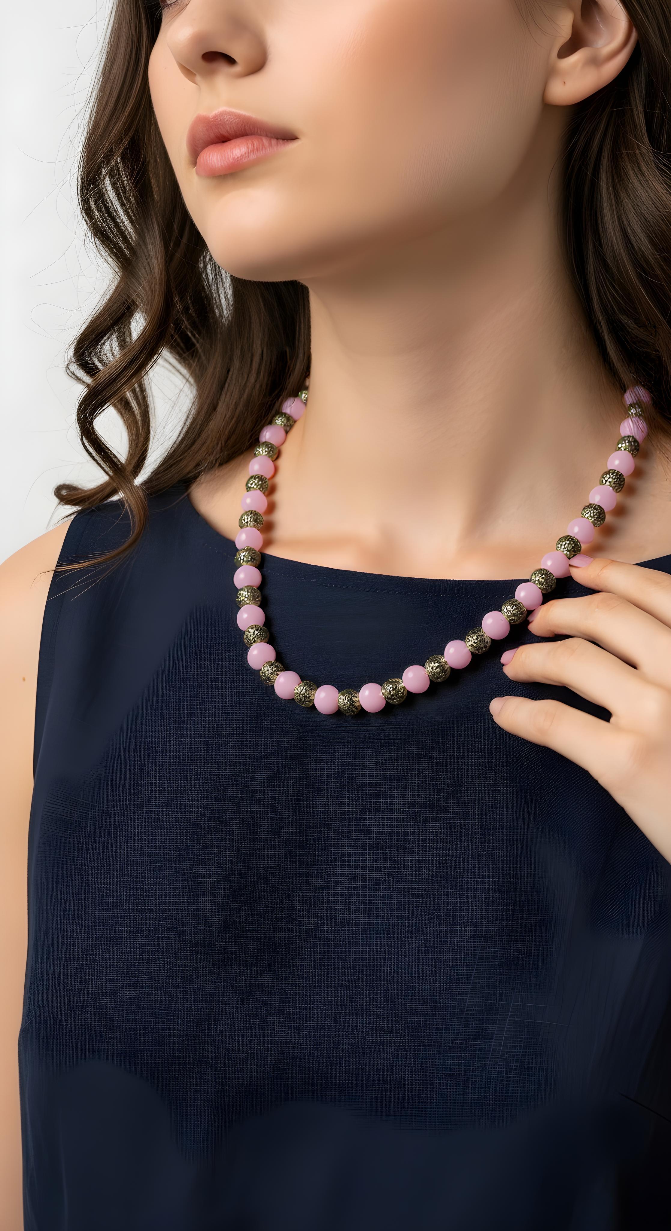 Collana di quarzo rosa e diaspro dalmata con perline e chiusura in oro 14k in vendita 1