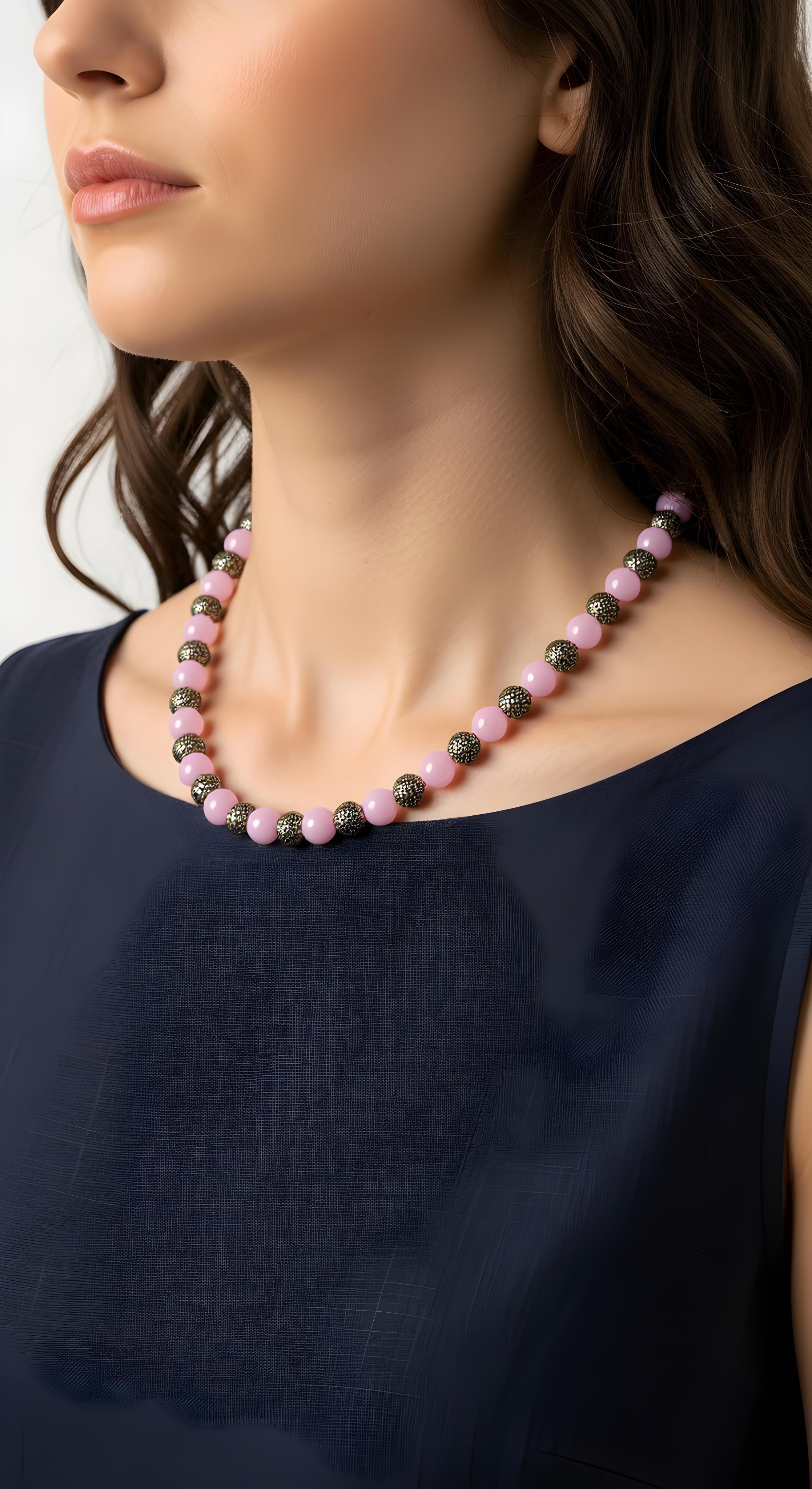 Collana di quarzo rosa e diaspro dalmata con perline e chiusura in oro 14k in vendita 2