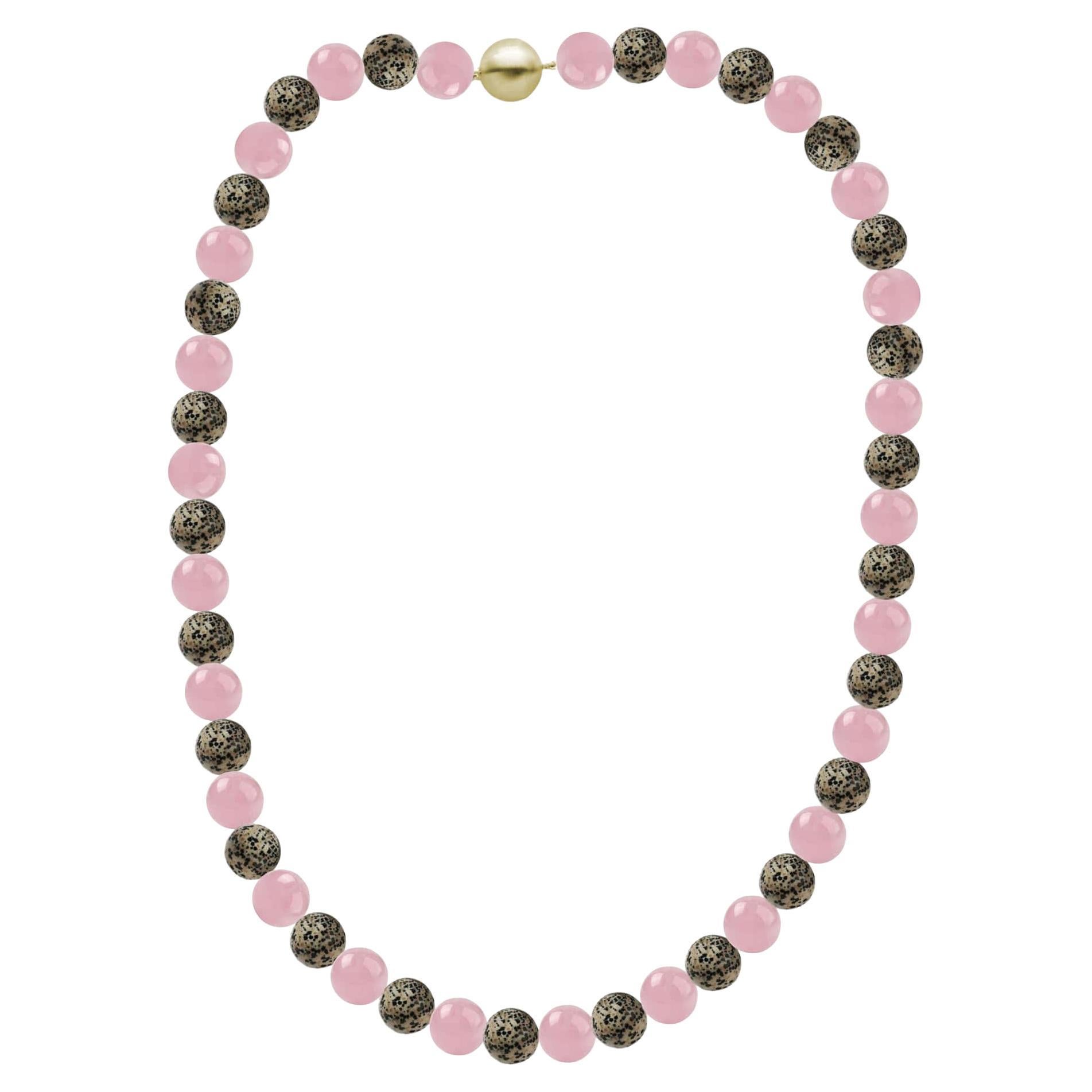 Rose Quartz and Dalmatian Jasper Beaded Necklace with 14k Gold Clasp