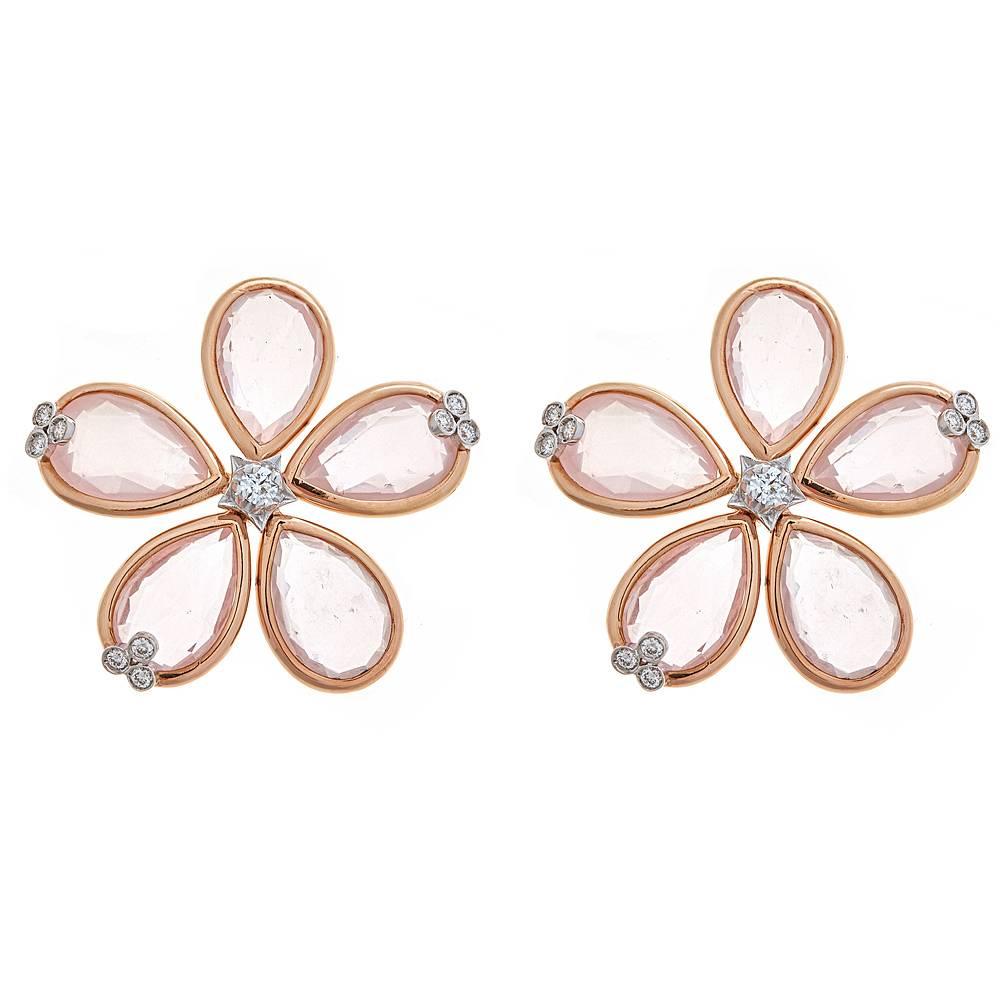 Rose Quartz 0.34 ct Diamond Accent Daisy Flower Stud Earrings in 18 kt Rose Gold