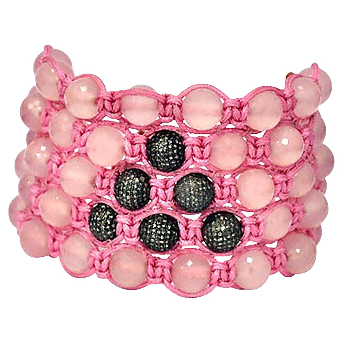 Rose Quartz and Diamond Pavé Shamballa-Style Statement Cuff Bracelet For Sale