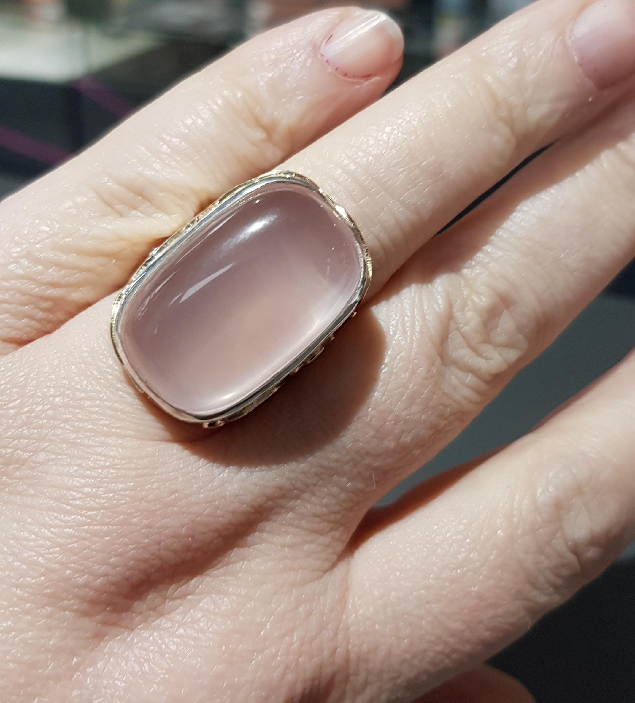 Rose Quartz and Diamond Ring Hand Made in Silver with Lots of Solid Gold Detail For Sale 1