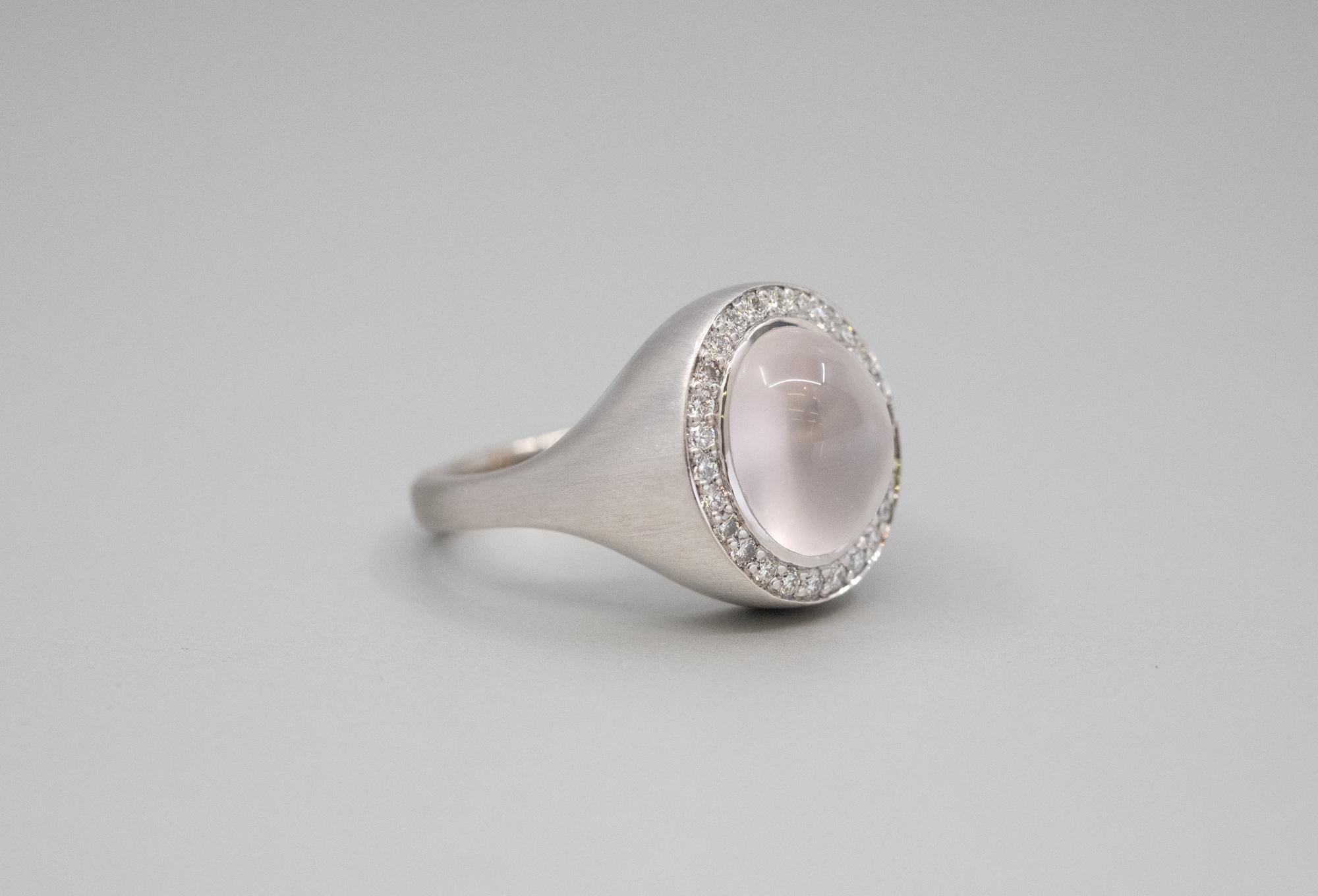 Contemporary Rose Quartz and Diamond Ring in 18ct white gold For Sale
