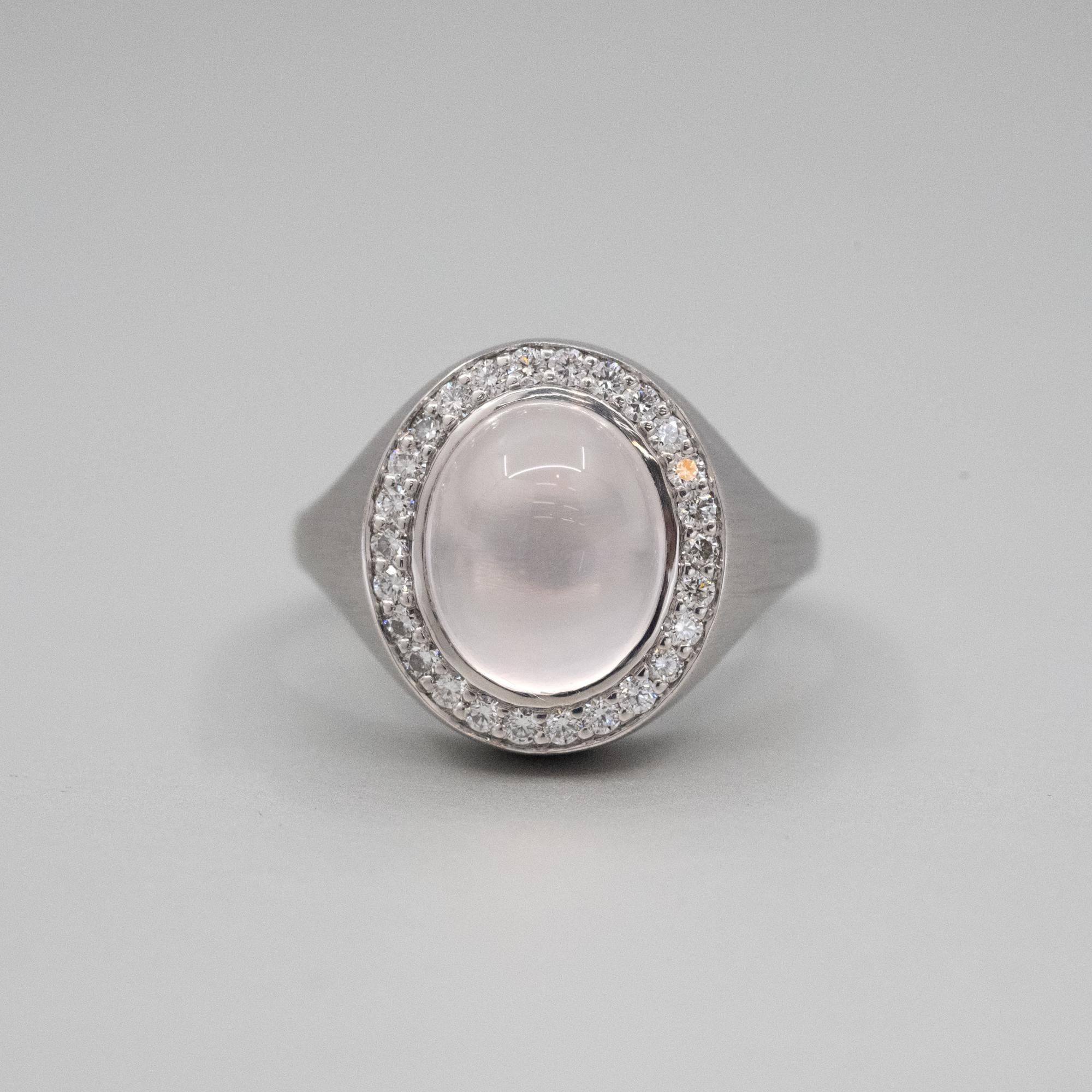 Cabochon Rose Quartz and Diamond Ring in 18ct white gold For Sale