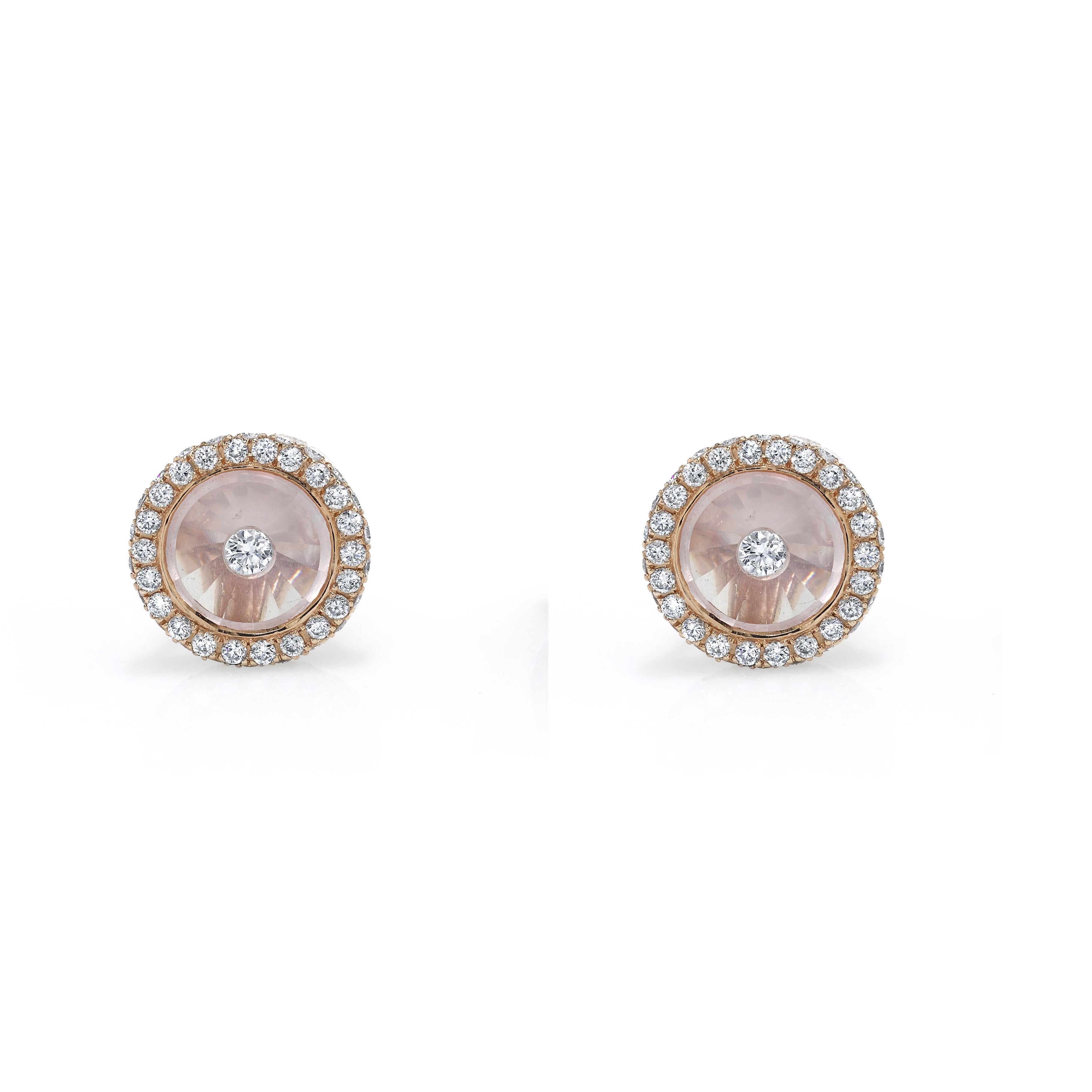 This earring is from our Bhansali Spirit collection, a collection inspired by cocktails. Faceted from the back by hand, the rose quartz ( 4.79cts) creates a pastel pinwheel shimmer that is sassy, flirty, and fun! Add a diamond center and a sparkling