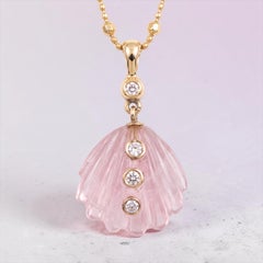 Rose Quartz and Diamond Shell Pendant on a 14k Gold Ball Chain, 16"