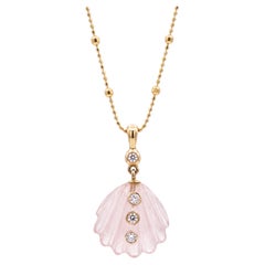 Rose Quartz and Diamond Shell Pendant on a 14k Gold Ball Chain, 16"