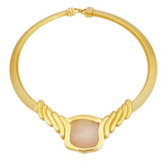 Rose Quartz and Gold Omega Chunky Choker Necklace By Alexis Kirk, 1980s