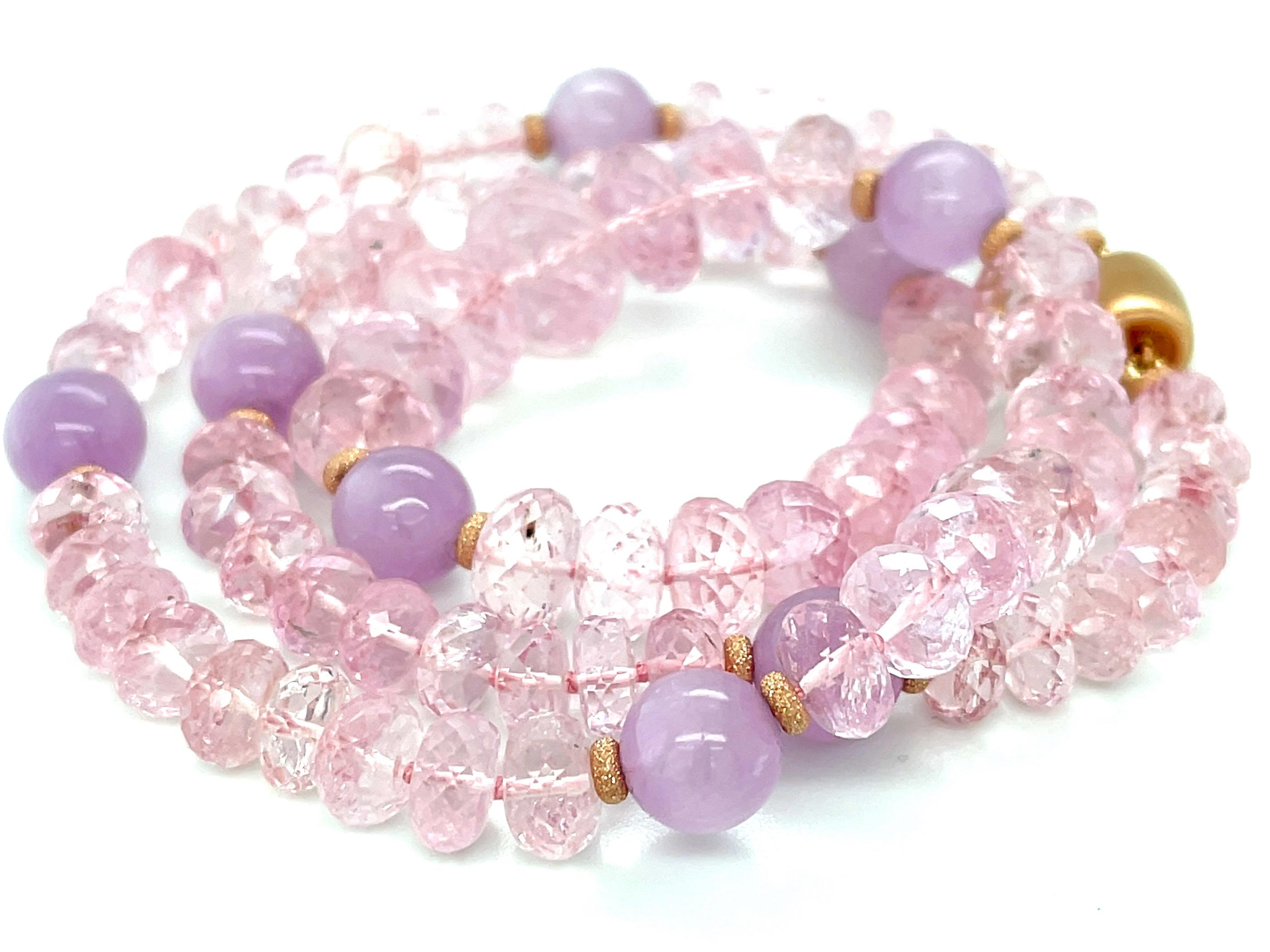 This beautiful rose quartz and kunzite bead necklace features a gorgeous pairing of sparking rose quartz and translucent kunzite beads, combined with 14k rose gold accents! The transparent rose quartz beads are rondel shaped, with facets that
