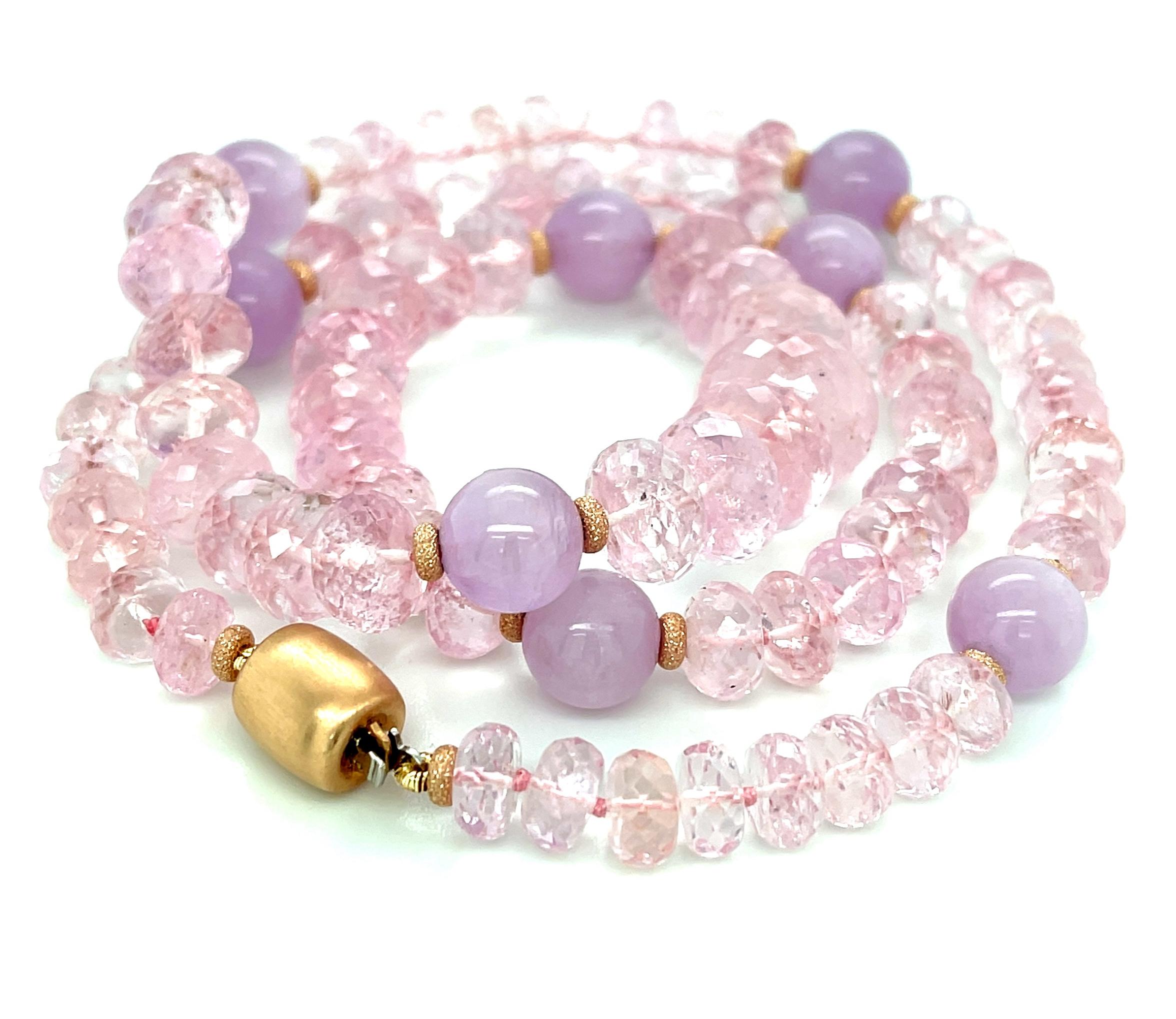 Artisan Rose Quartz and Kunzite Beaded Necklace with Rose Gold Accents For Sale