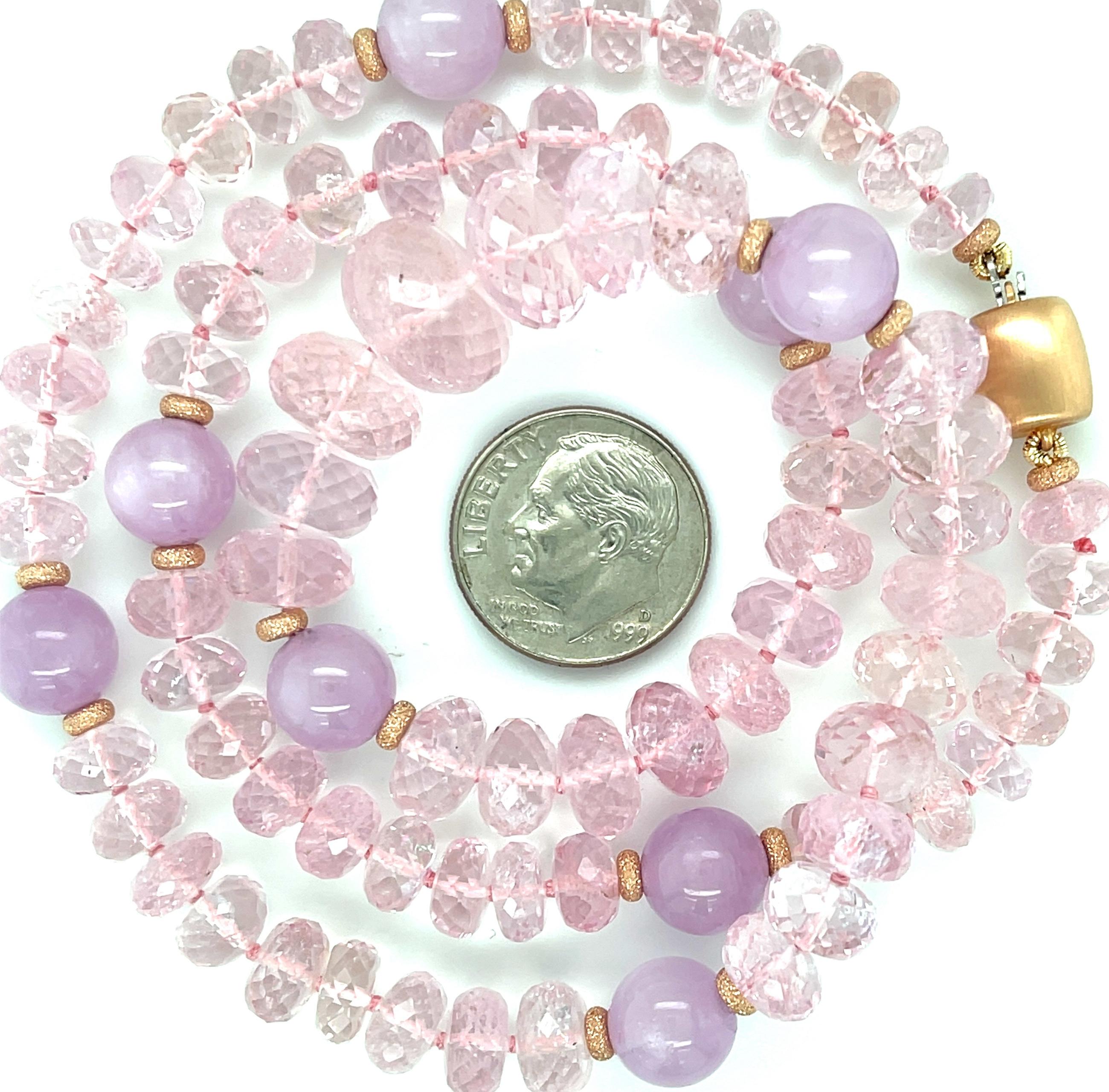 Rose Quartz and Kunzite Beaded Necklace with Rose Gold Accents In New Condition For Sale In Los Angeles, CA